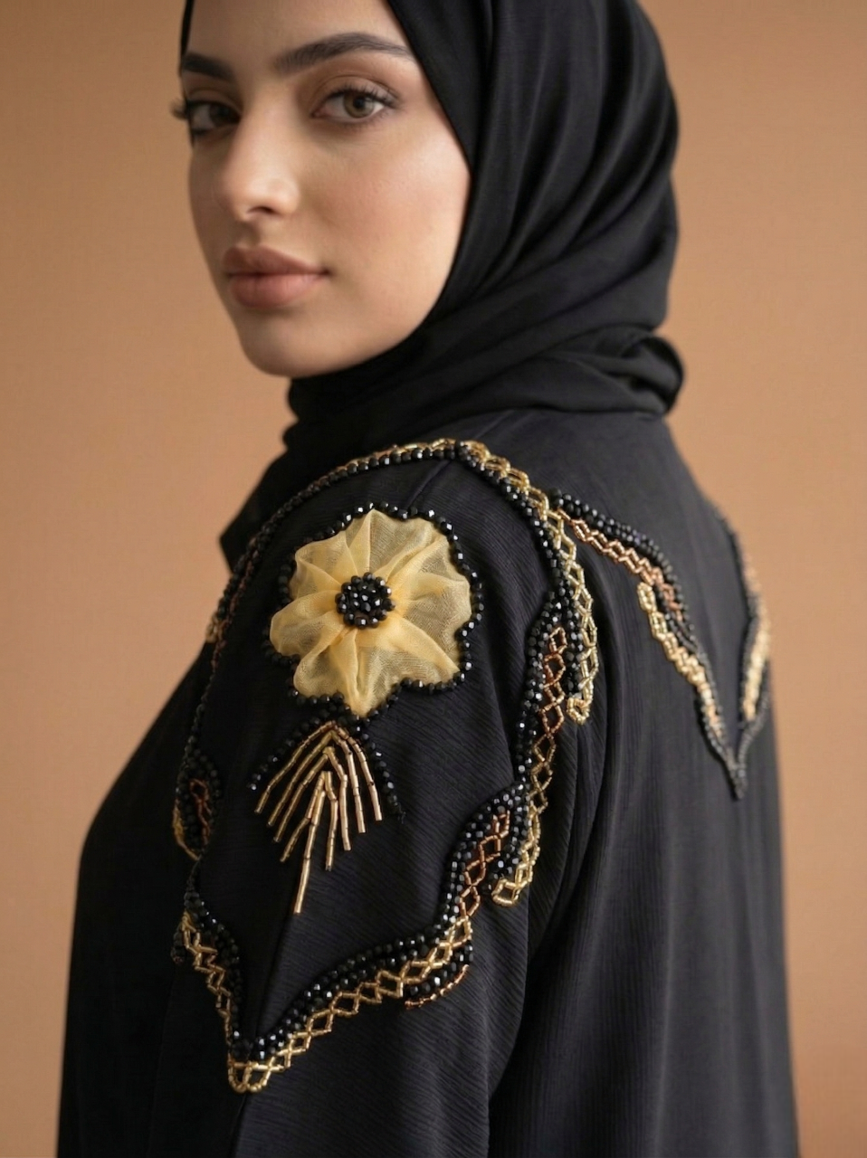 V neck tissue flower with handwork made up of imported zoom fabric designer abaya for women and girls
