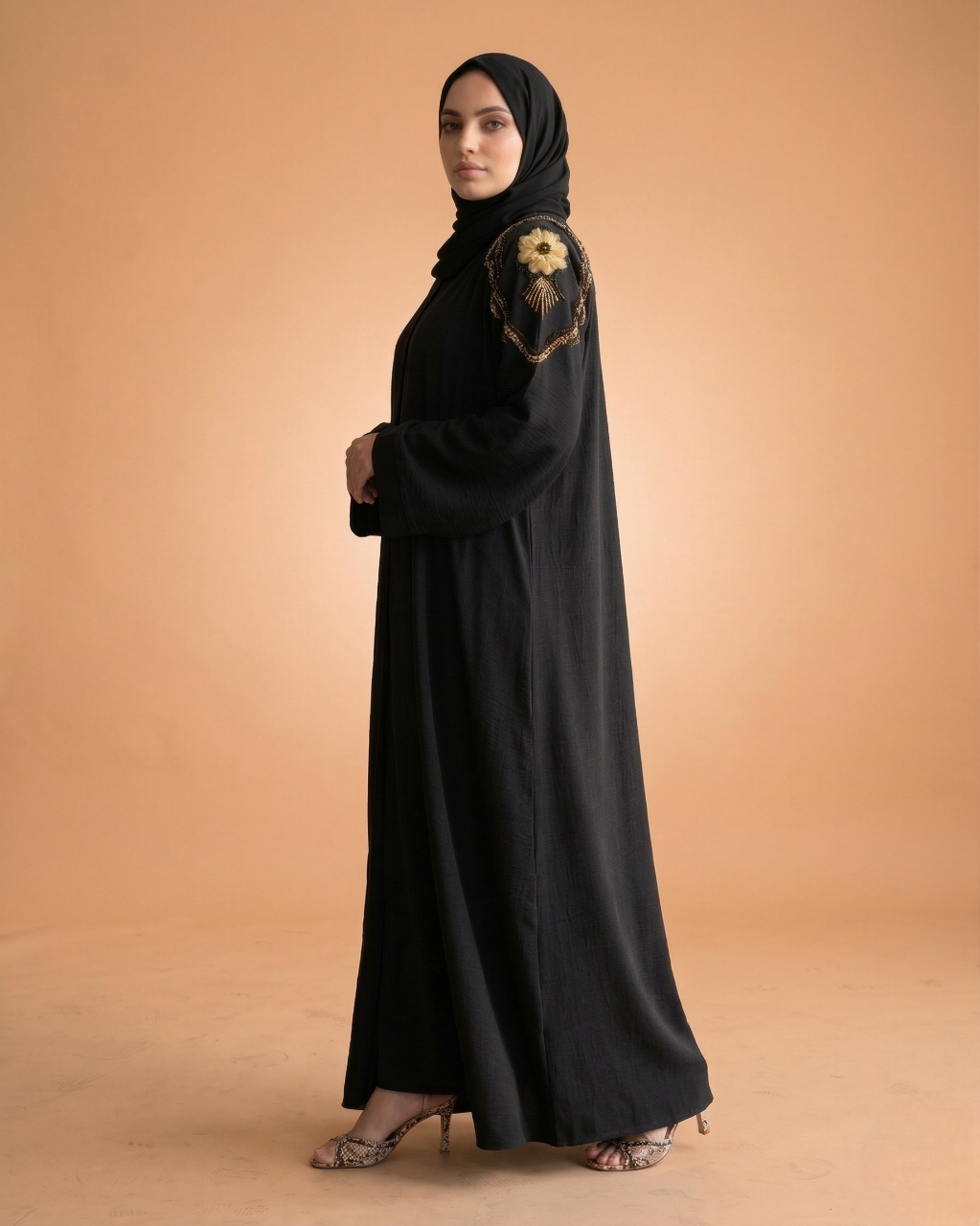 V neck tissue flower with handwork made up of imported zoom fabric designer abaya for women and girls