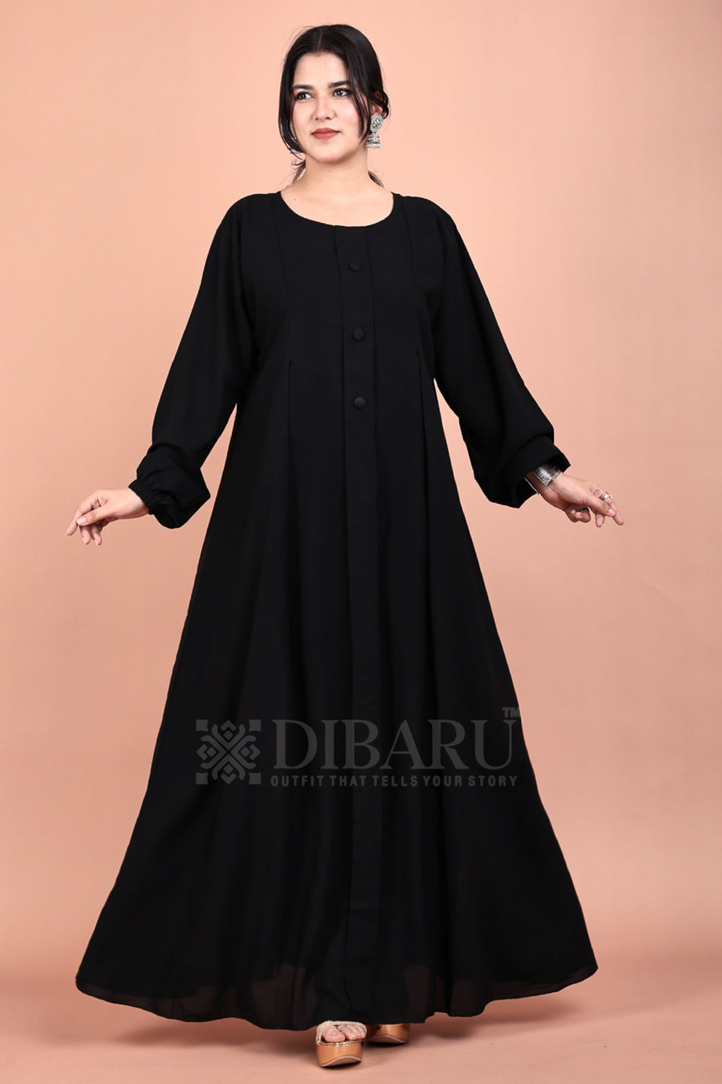 Elastic Sleeves Round Neck 1 Box And 3 Button On Front Made Up Of Premium Firdos Fabric Full Lenght Burqa For Womens And Girls