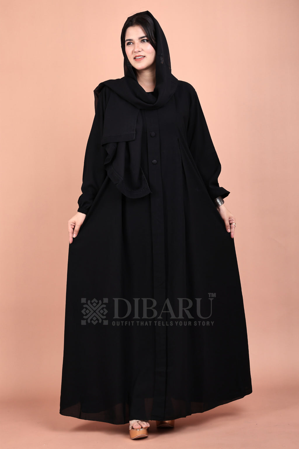 Elastic Sleeves Round Neck 1 Box And 3 Button On Front Made Up Of Premium Firdos Fabric Full Lenght Burqa For Womens And Girls