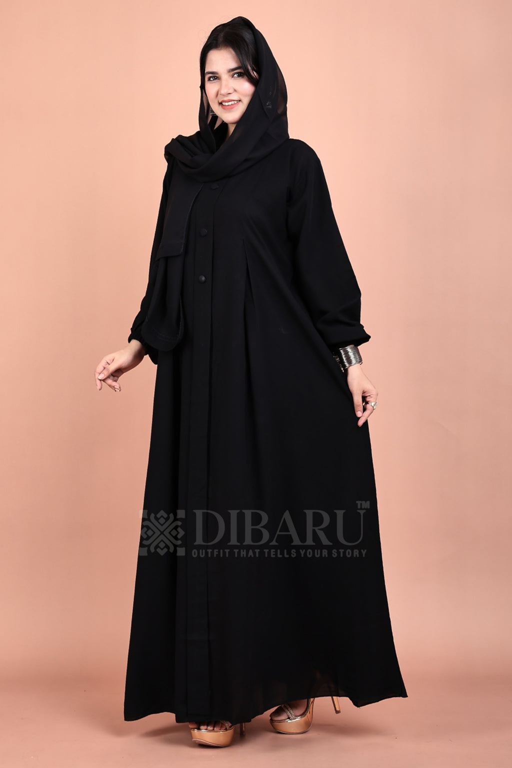 Elastic Sleeves Round Neck 1 Box And 3 Button On Front Made Up Of Premium Firdos Fabric Full Lenght Burqa For Womens And Girls