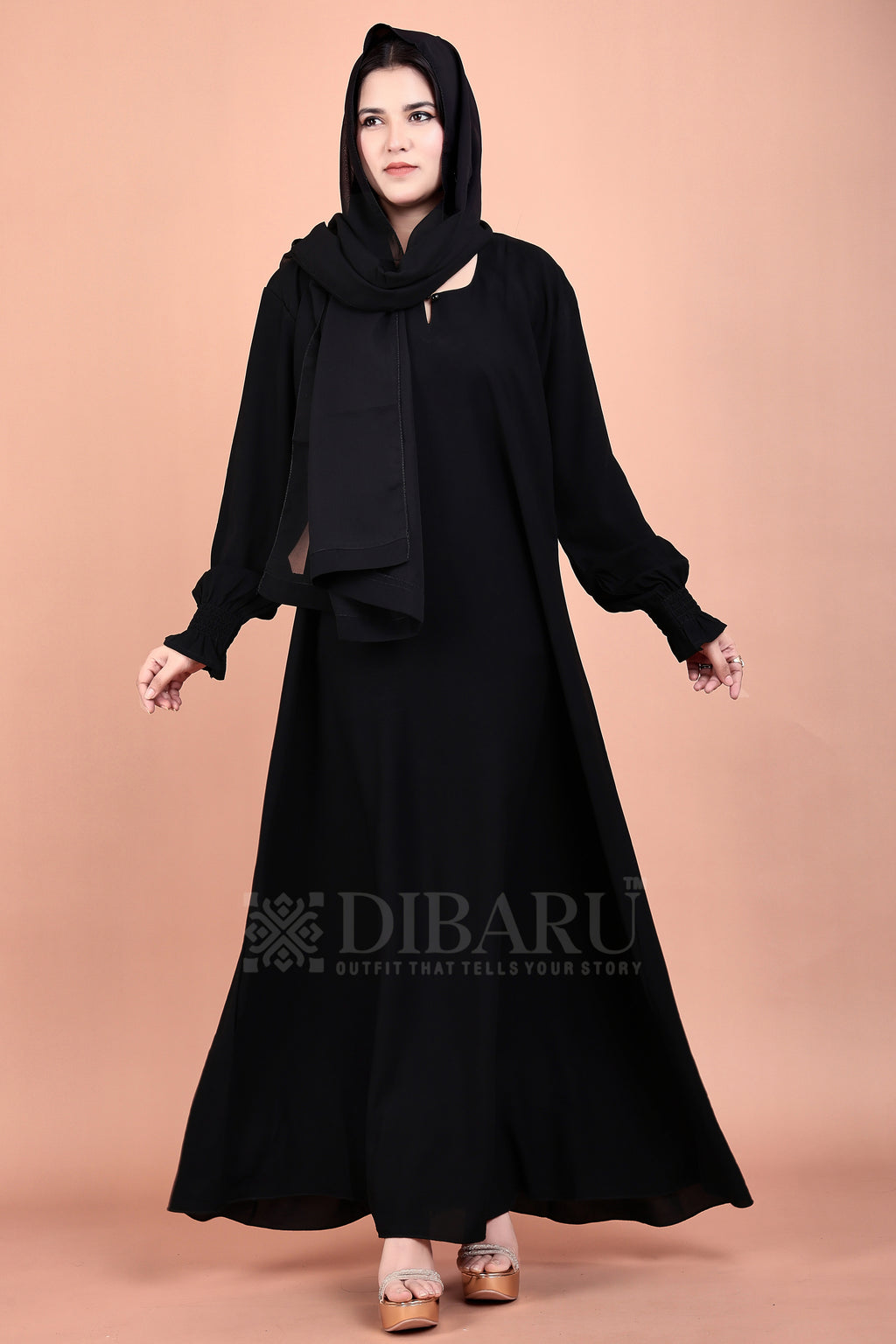 Smoked Flower Sleeves Round Neck Made Up Of Premium Firdos Fabric Full Lenght Stylish Burqa for Womens And Girls