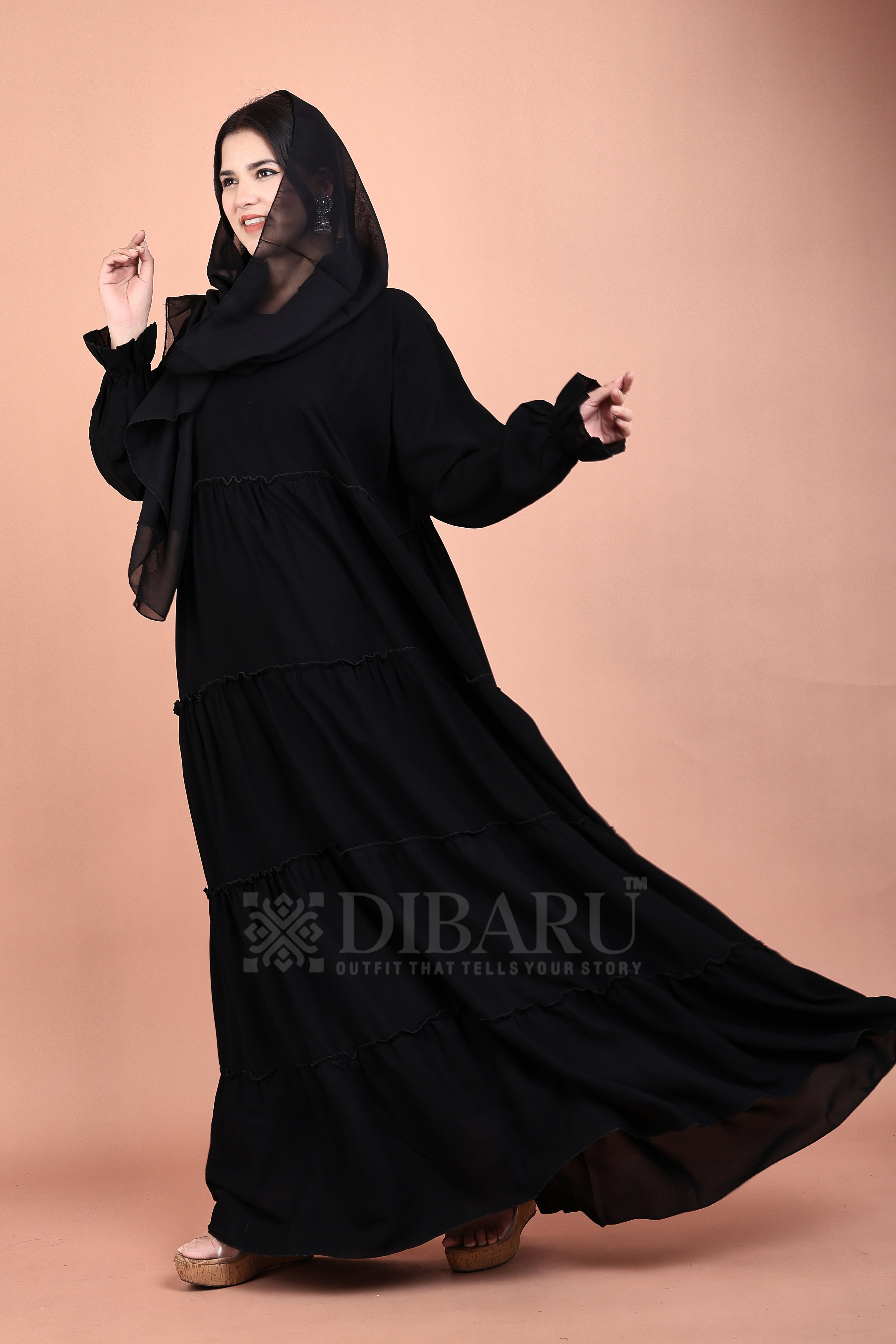 Round Neck 4 Frill Outside With Elastic Sleeves Made Up Of Premium Firdos Fabric Full Lenght Burqa For Womens And Girls