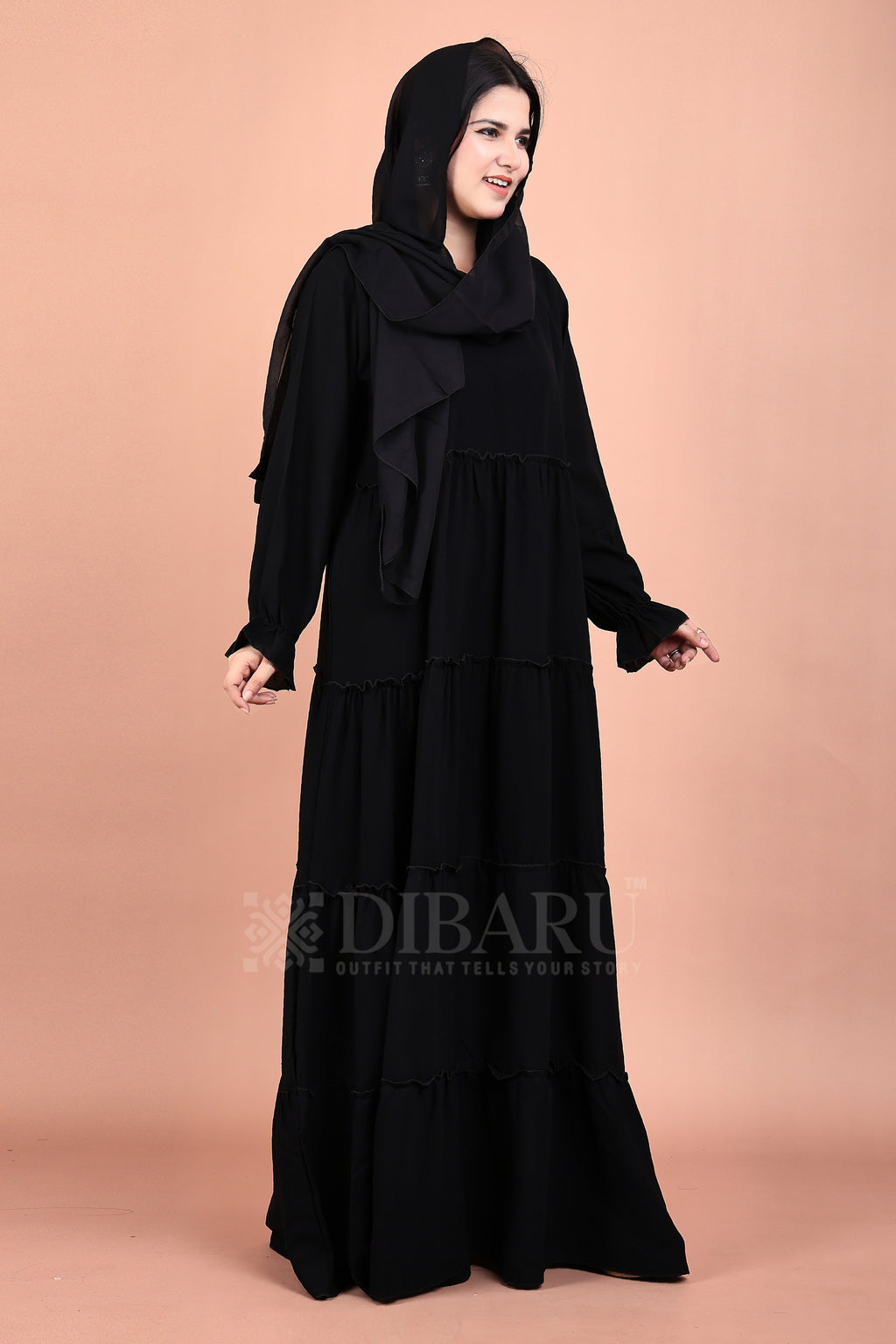 Round Neck 4 Frill Outside With Elastic Sleeves Made Up Of Premium Firdos Fabric Full Lenght Burqa For Womens And Girls
