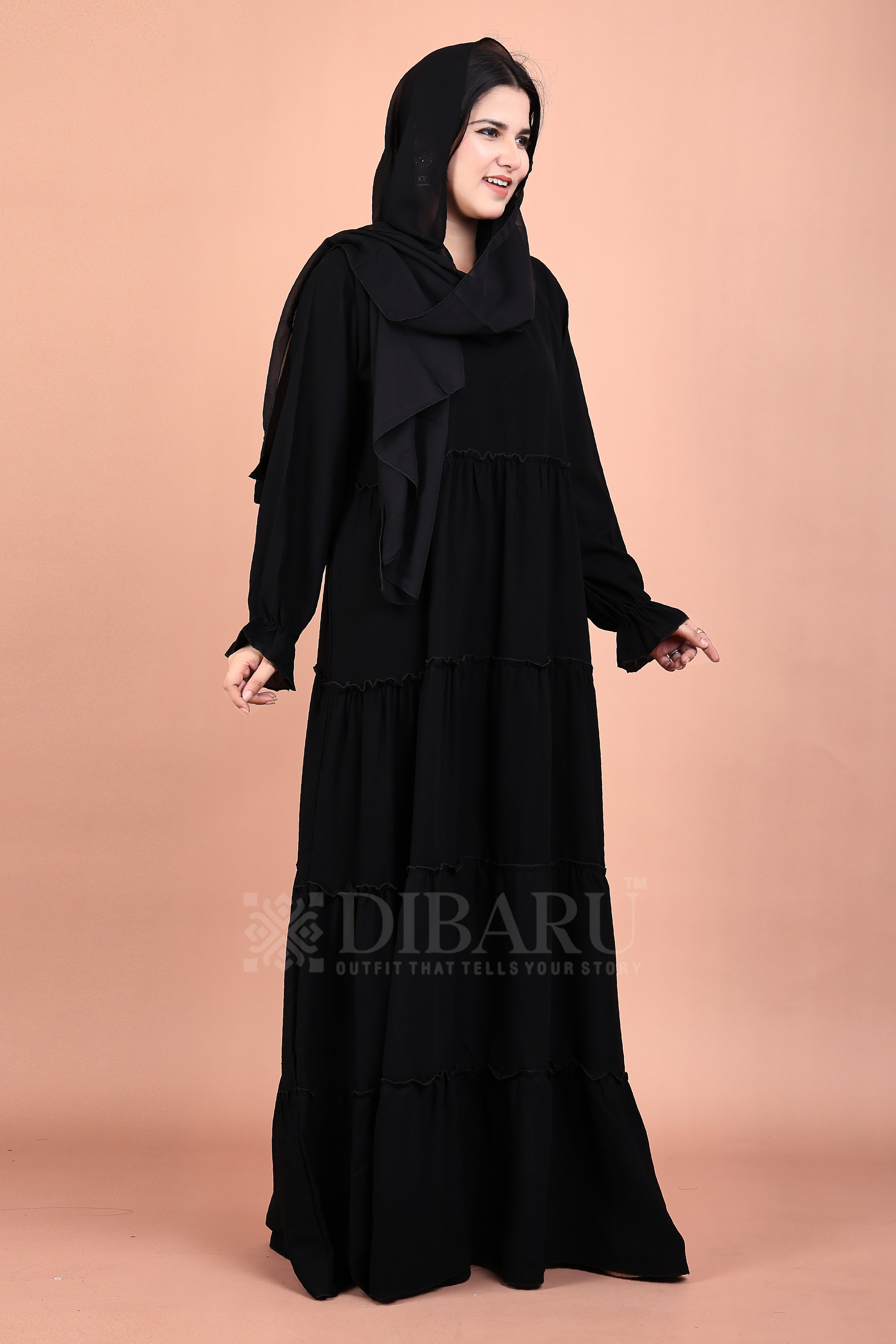 Round Neck 4 Frill Outside With Elastic Sleeves Made Up Of Premium Firdos Fabric Full Lenght Burqa For Womens And Girls