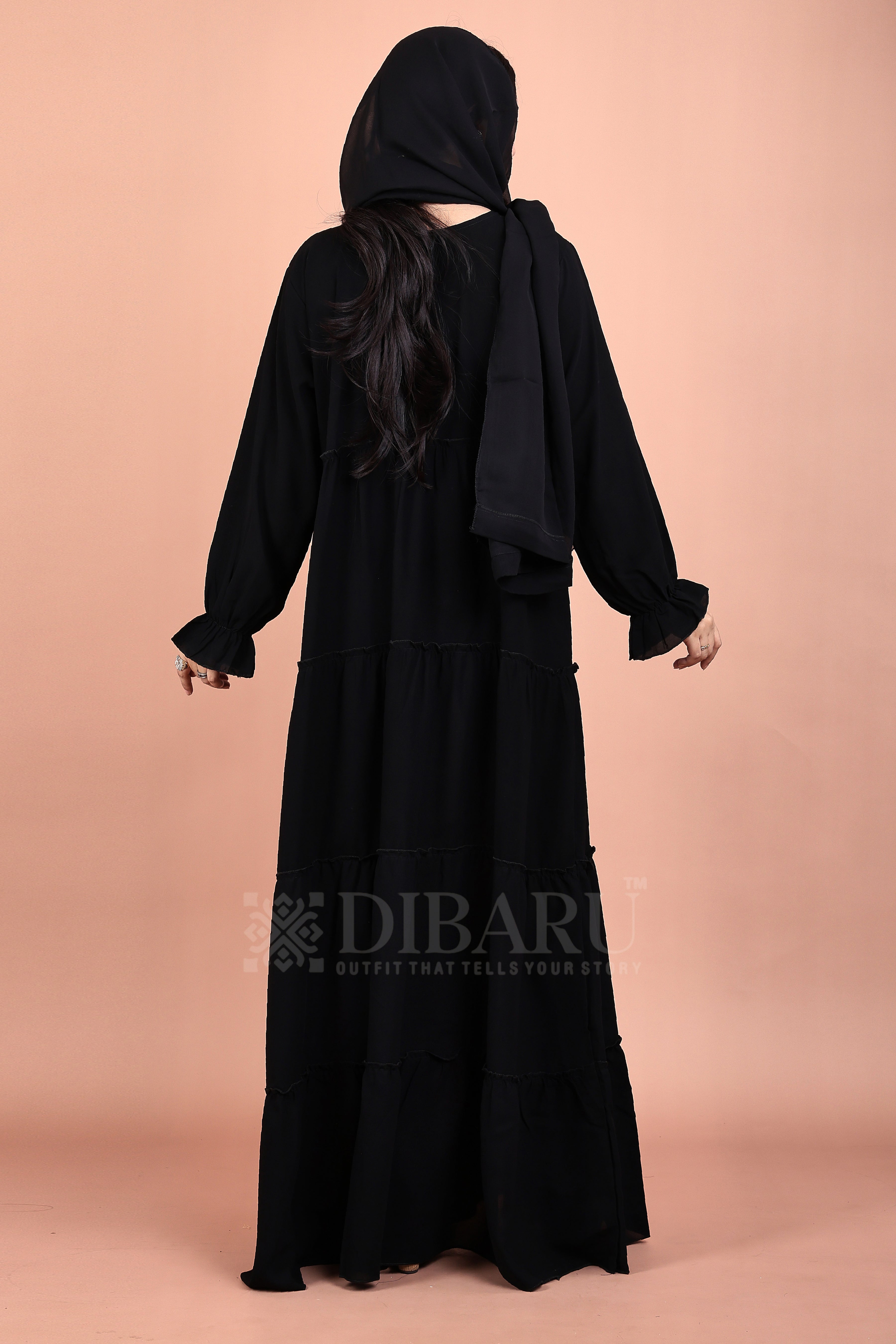 Round Neck 4 Frill Outside With Elastic Sleeves Made Up Of Premium Firdos Fabric Full Lenght Burqa For Womens And Girls