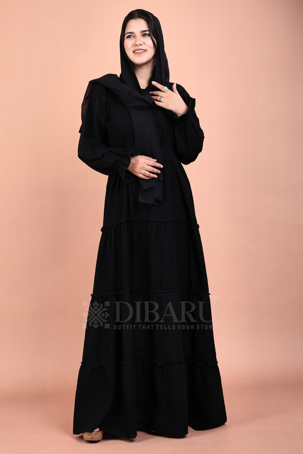 Round Neck 4 Frill Outside With Elastic Sleeves Made Up Of Premium Firdos Fabric Full Lenght Burqa For Womens And Girls