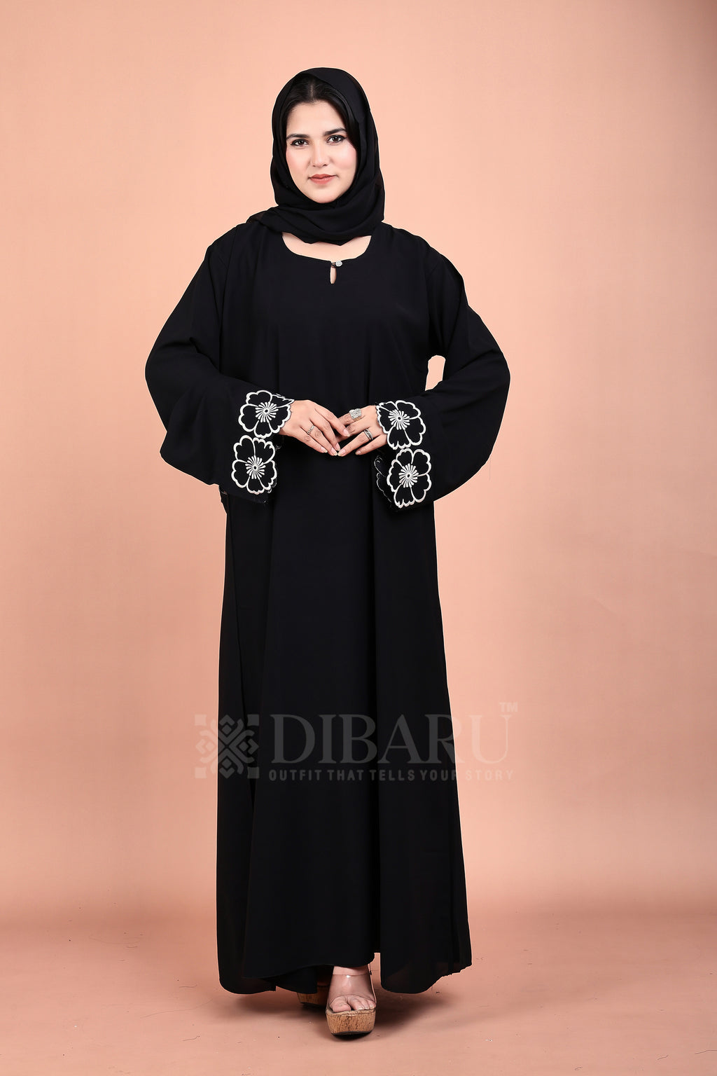 Round Neck Sun Flower On Plazo Sleeves Made Up Of Premium Firdos Fabric Full Lenght Burqa For Womens And Girls