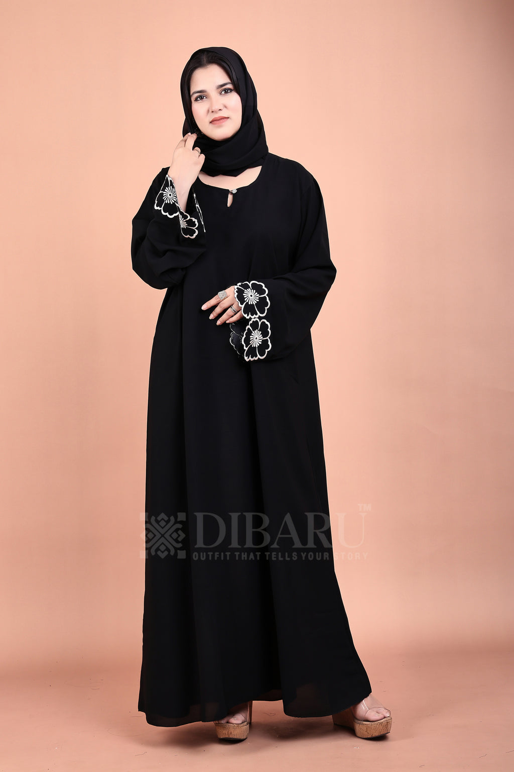 Round Neck Sun Flower On Plazo Sleeves Made Up Of Premium Firdos Fabric Full Lenght Burqa For Womens And Girls