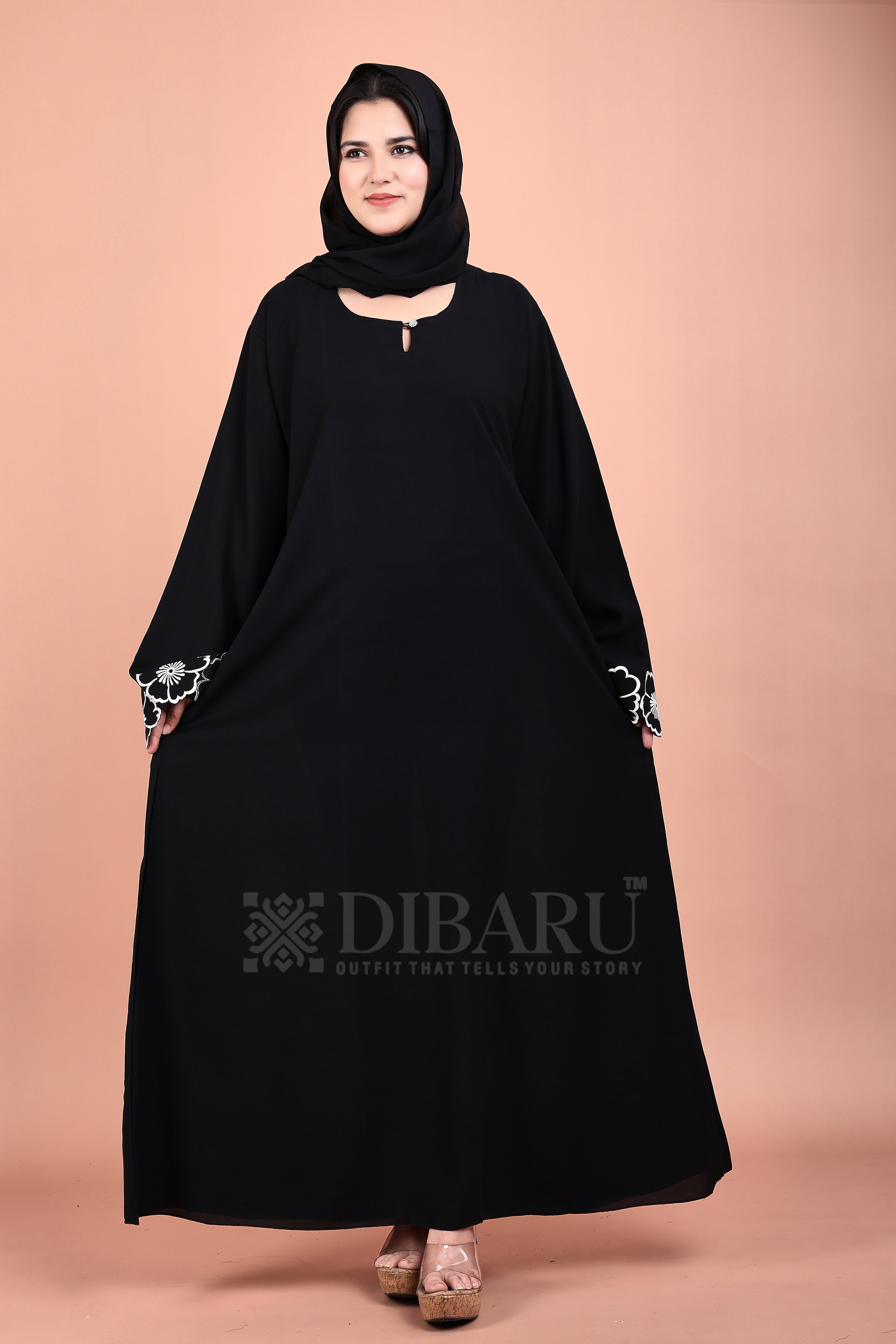 Round Neck Sun Flower On Plazo Sleeves Made Up Of Premium Firdos Fabric Full Lenght Burqa For Womens And Girls