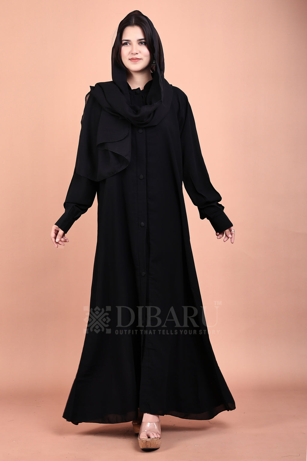 Round Collar Neck Full Button Front Open On Cuff Sleeves Made Up Of Premium Firdos Fabric Full Lenght Burqa For Womens And Girls