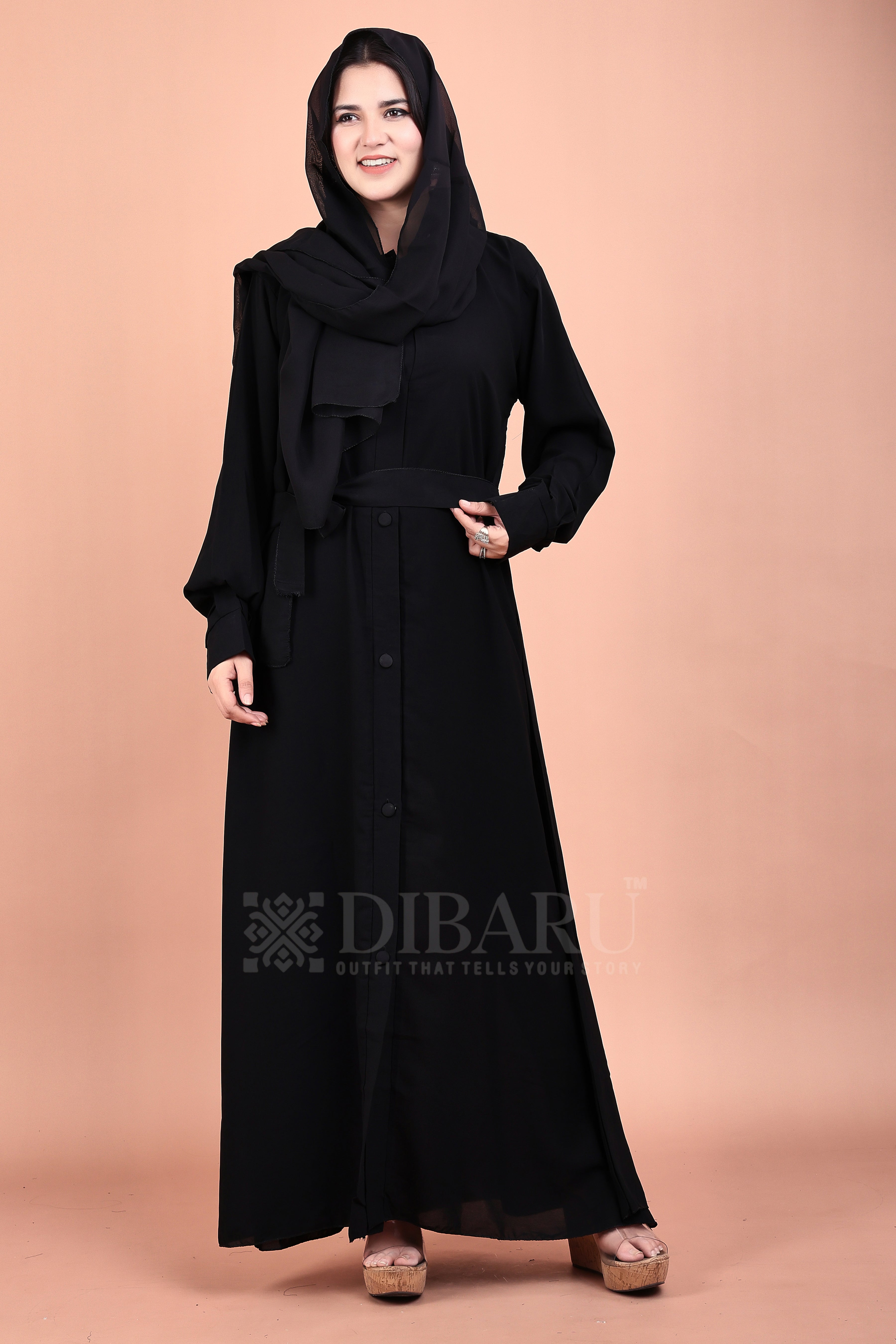 Round Collar Neck Full Button Front Open On Cuff Sleeves Made Up Of Premium Firdos Fabric Full Lenght Burqa For Womens And Girls
