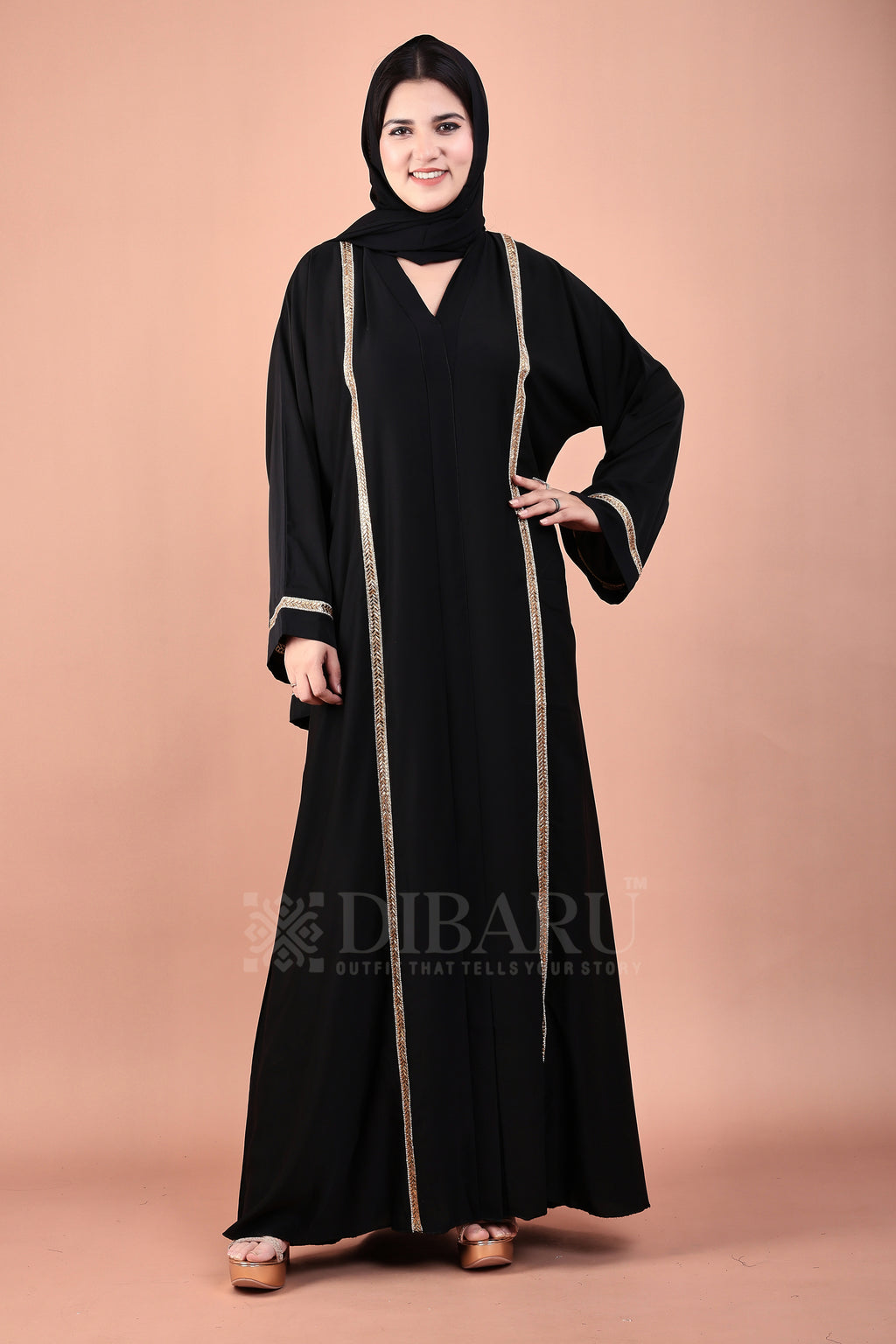 V Neck Rising Rect Golden Design With Plazo Sleeves Made Up Of Imported Nida Fabric Full Lenght Designer Abaya For Womens And Girls