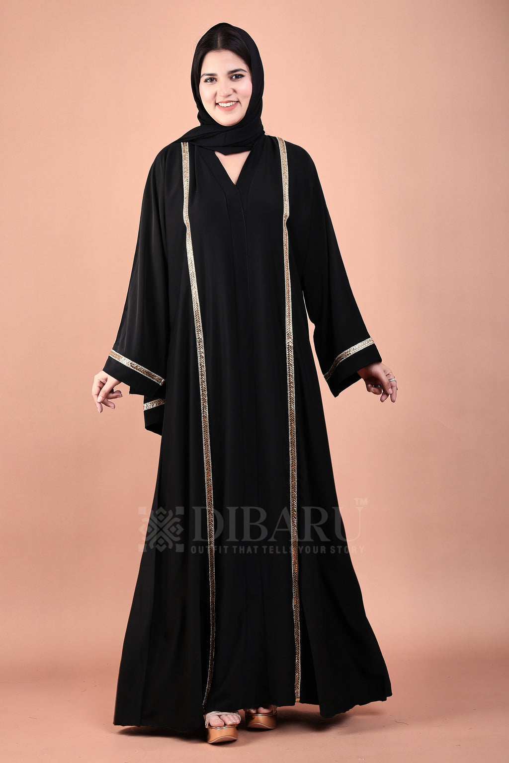 V Neck Rising Rect Golden Design With Plazo Sleeves Made Up Of Imported Nida Fabric Full Lenght Designer Abaya For Womens And Girls