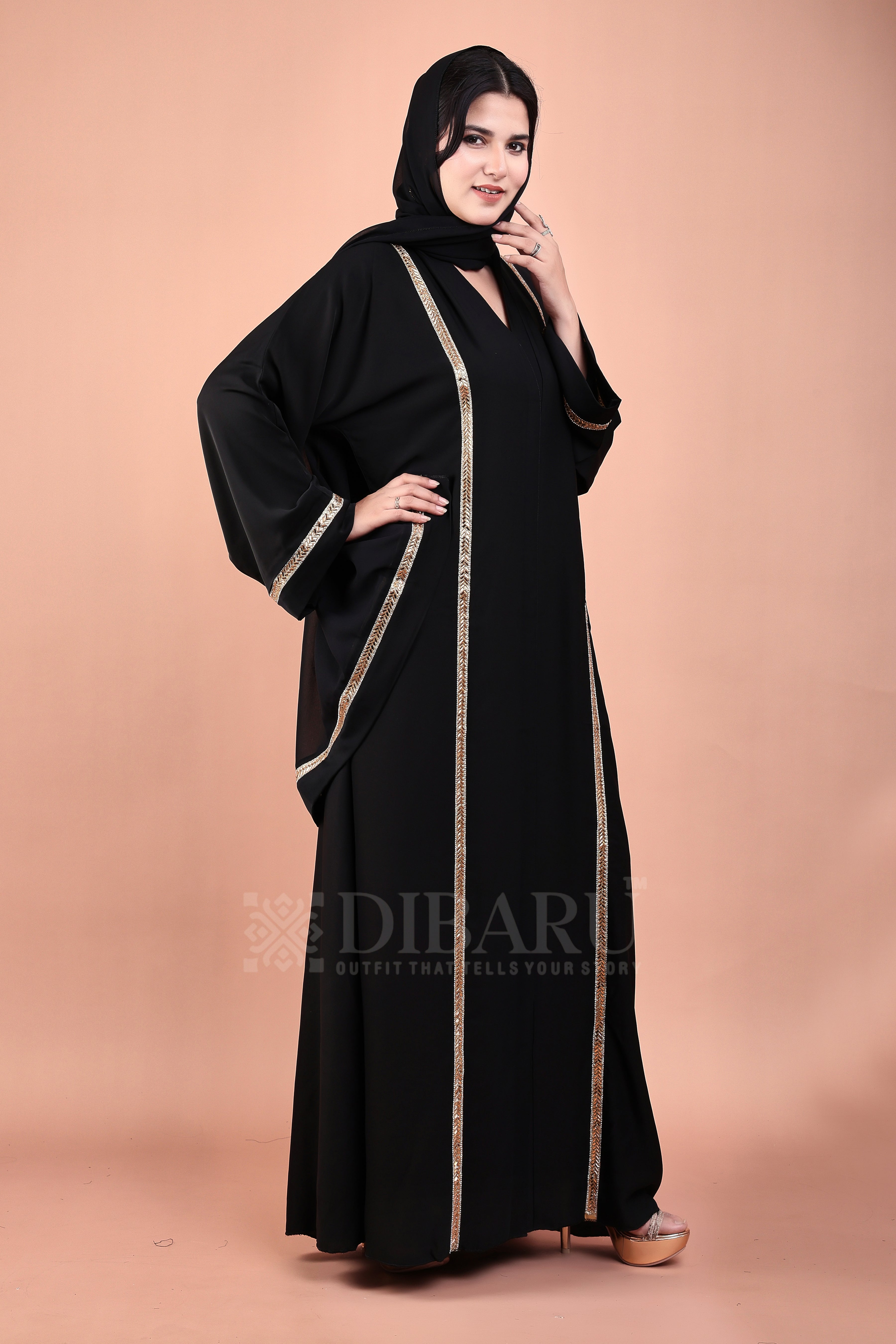V Neck Rising Rect Golden Design With Plazo Sleeves Made Up Of Imported Nida Fabric Full Lenght Designer Abaya For Womens And Girls