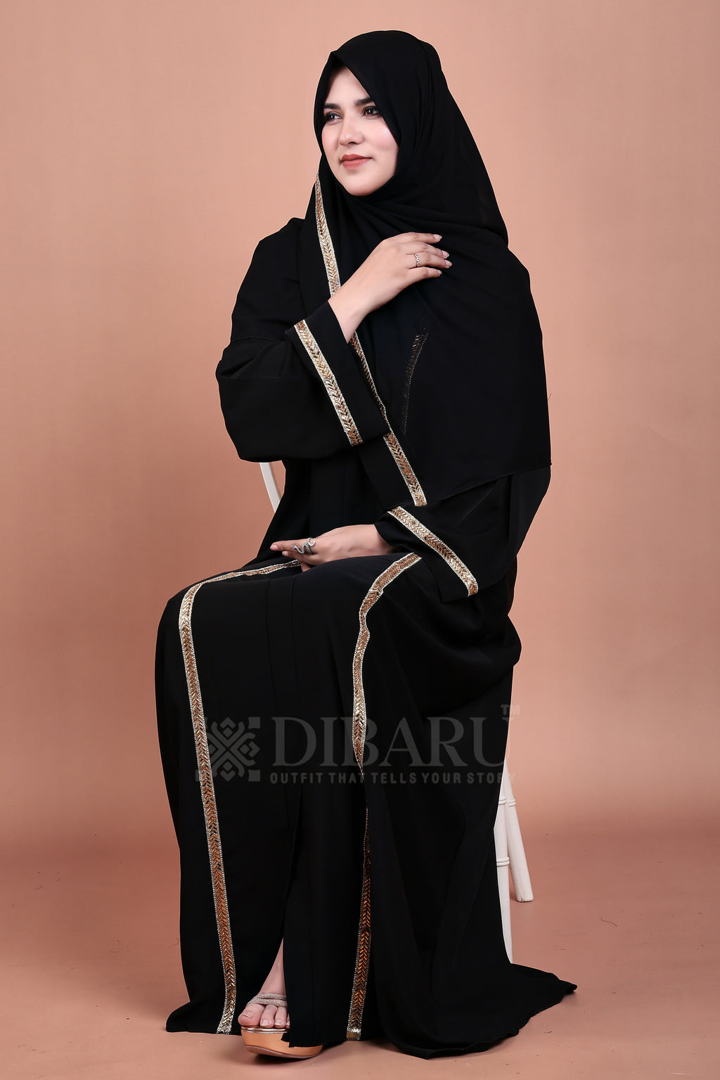 V Neck Rising Rect Golden Design With Plazo Sleeves Made Up Of Imported Nida Fabric Full Lenght Designer Abaya For Womens And Girls