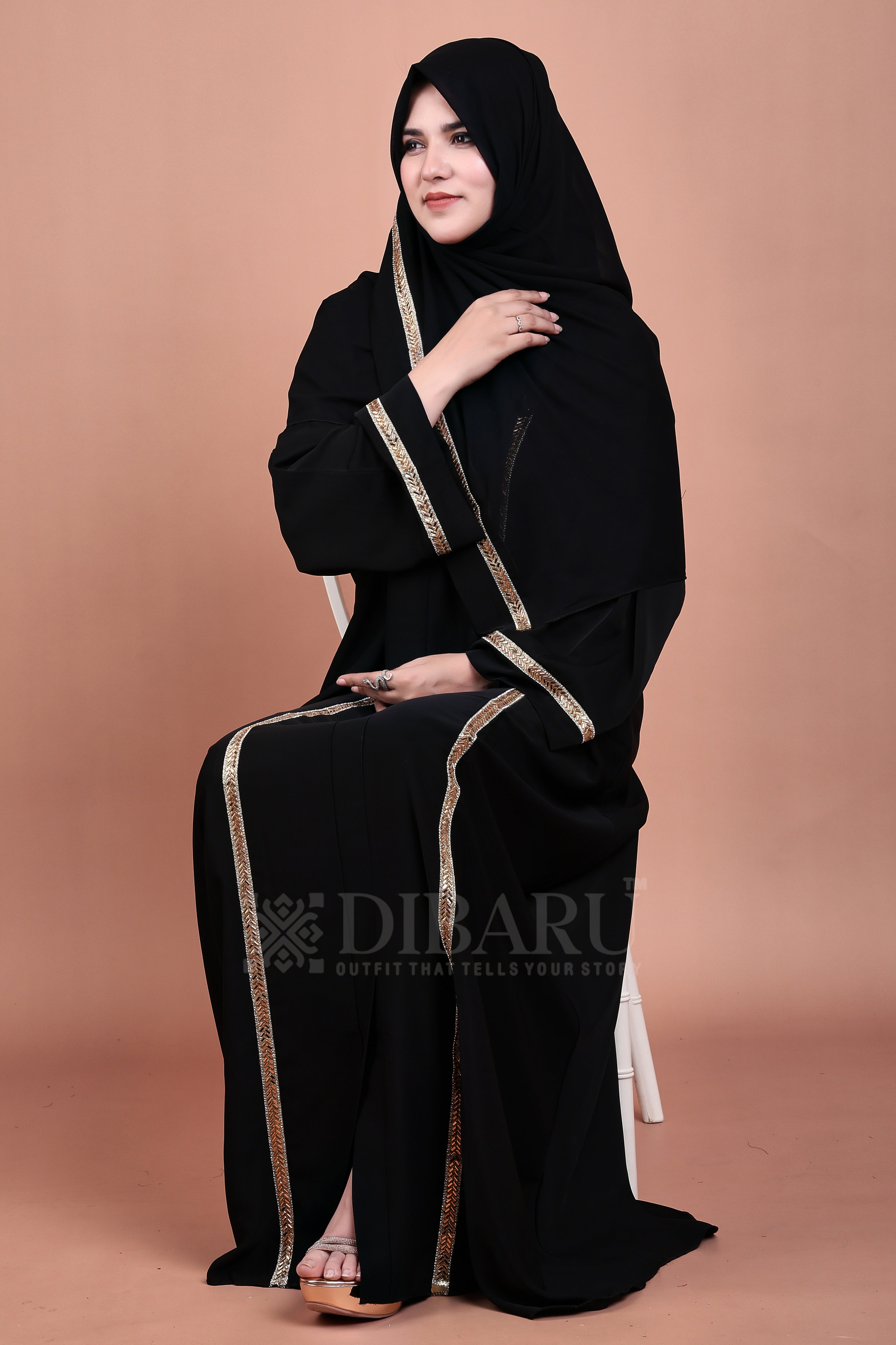 V Neck Rising Rect Golden Design With Plazo Sleeves Made Up Of Imported Nida Fabric Full Lenght Designer Abaya For Womens And Girls
