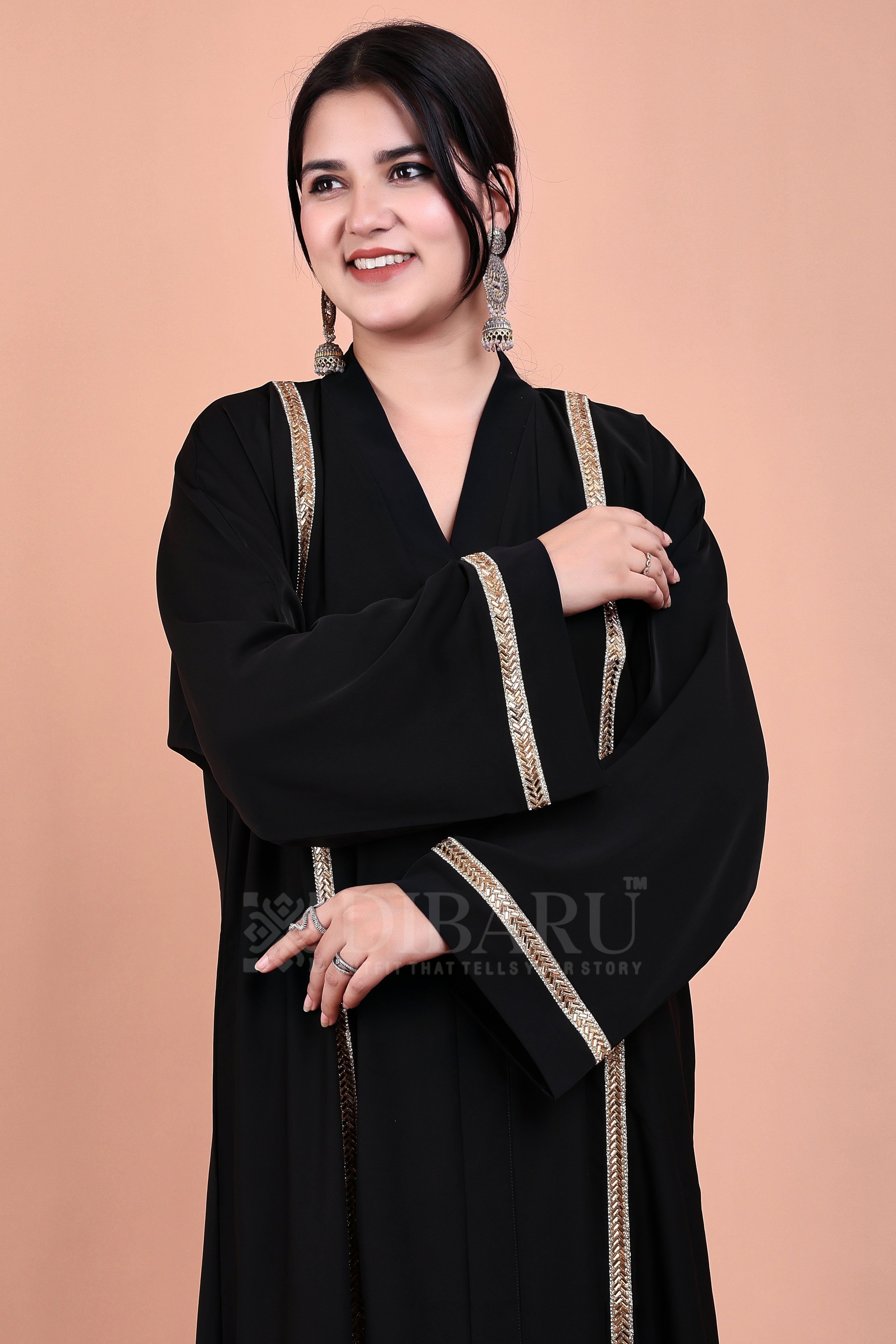 V Neck Rising Rect Golden Design With Plazo Sleeves Made Up Of Imported Nida Fabric Full Lenght Designer Abaya For Womens And Girls