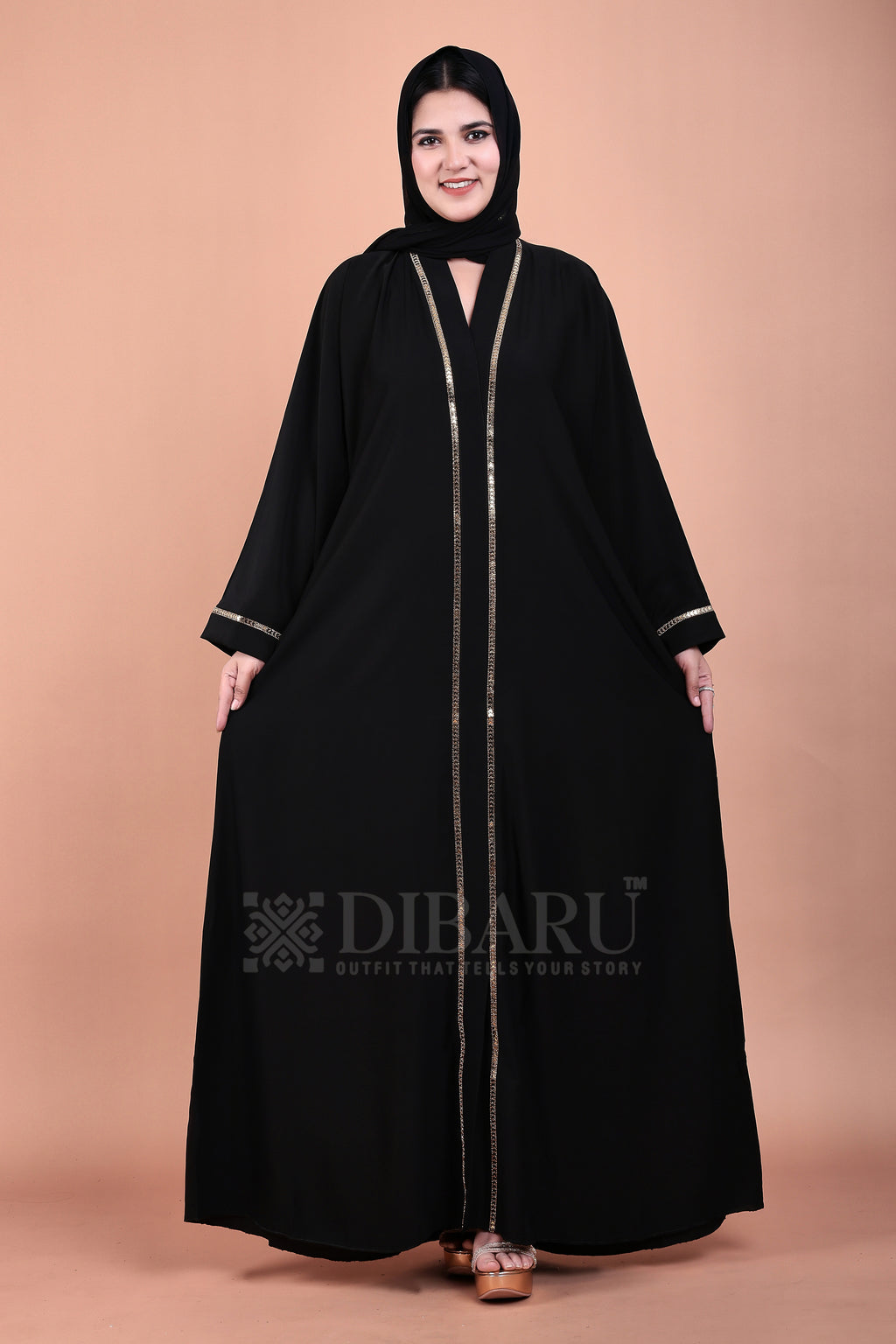 V Neck Arrow Patti Gold Design With Plazo Sleeves Made Up Of Imported Nida Fabric Full Lenght Designer Abaya For Womens And Girls