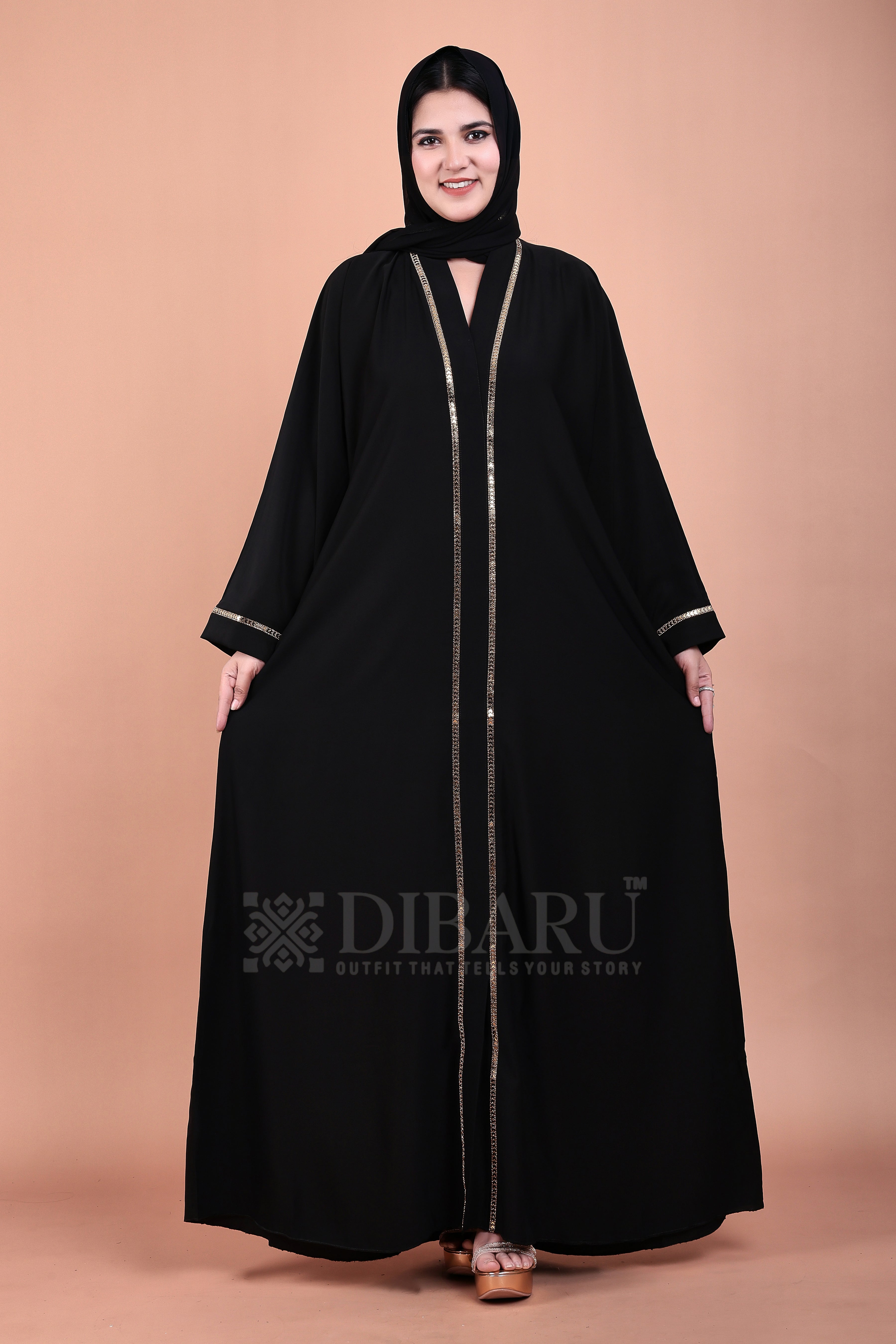 V Neck Arrow Patti Gold Design With Plazo Sleeves Made Up Of Imported Nida Fabric Full Lenght Designer Abaya For Womens And Girls
