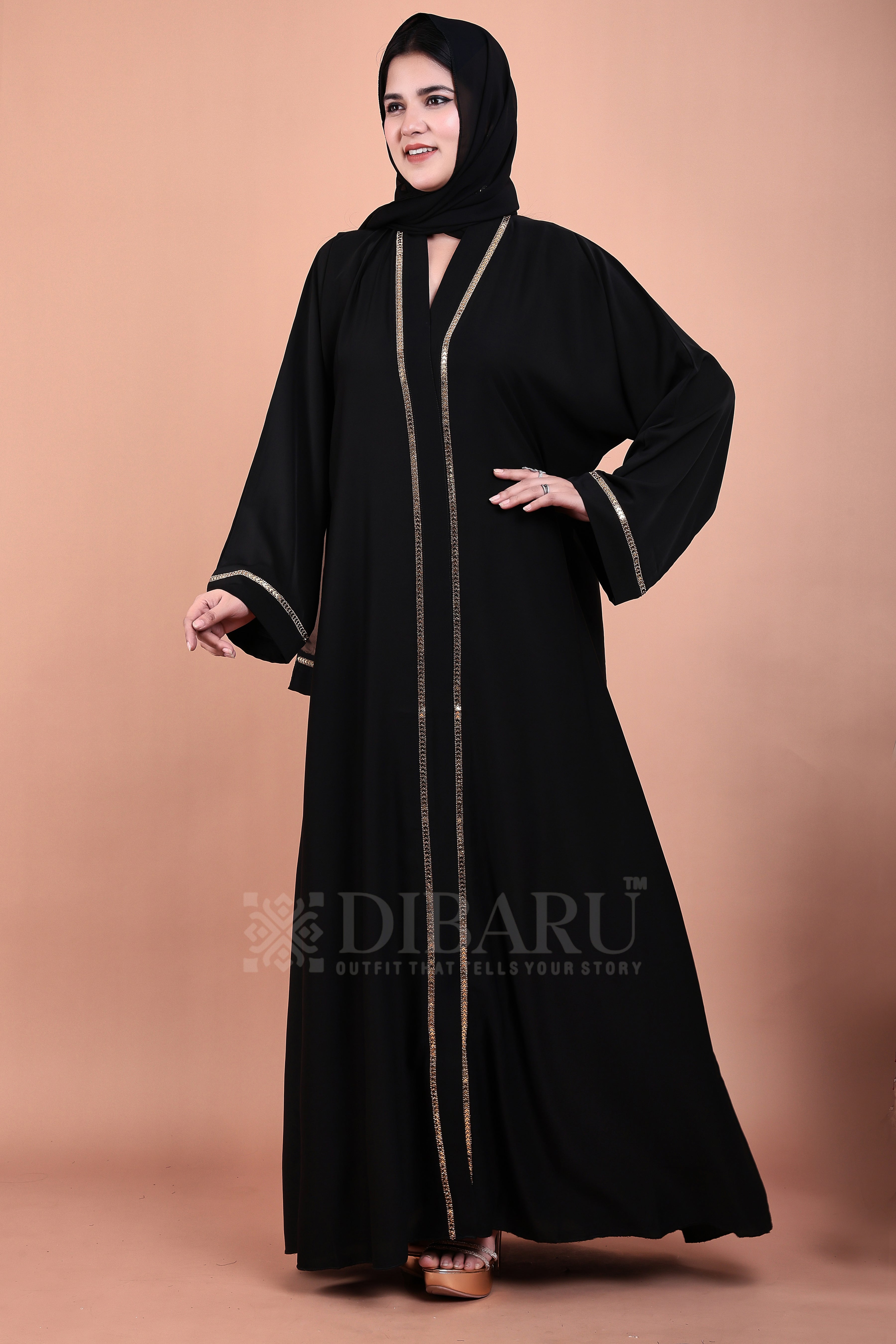 V Neck Arrow Patti Gold Design With Plazo Sleeves Made Up Of Imported Nida Fabric Full Lenght Designer Abaya For Womens And Girls