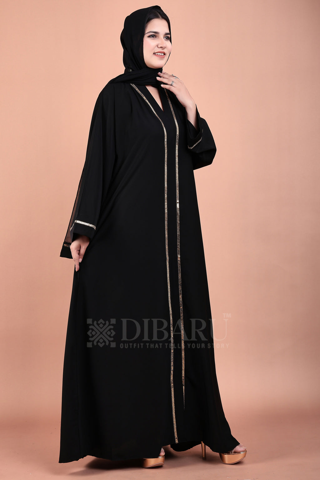 V Neck Arrow Patti Gold Design With Plazo Sleeves Made Up Of Imported Nida Fabric Full Lenght Designer Abaya For Womens And Girls
