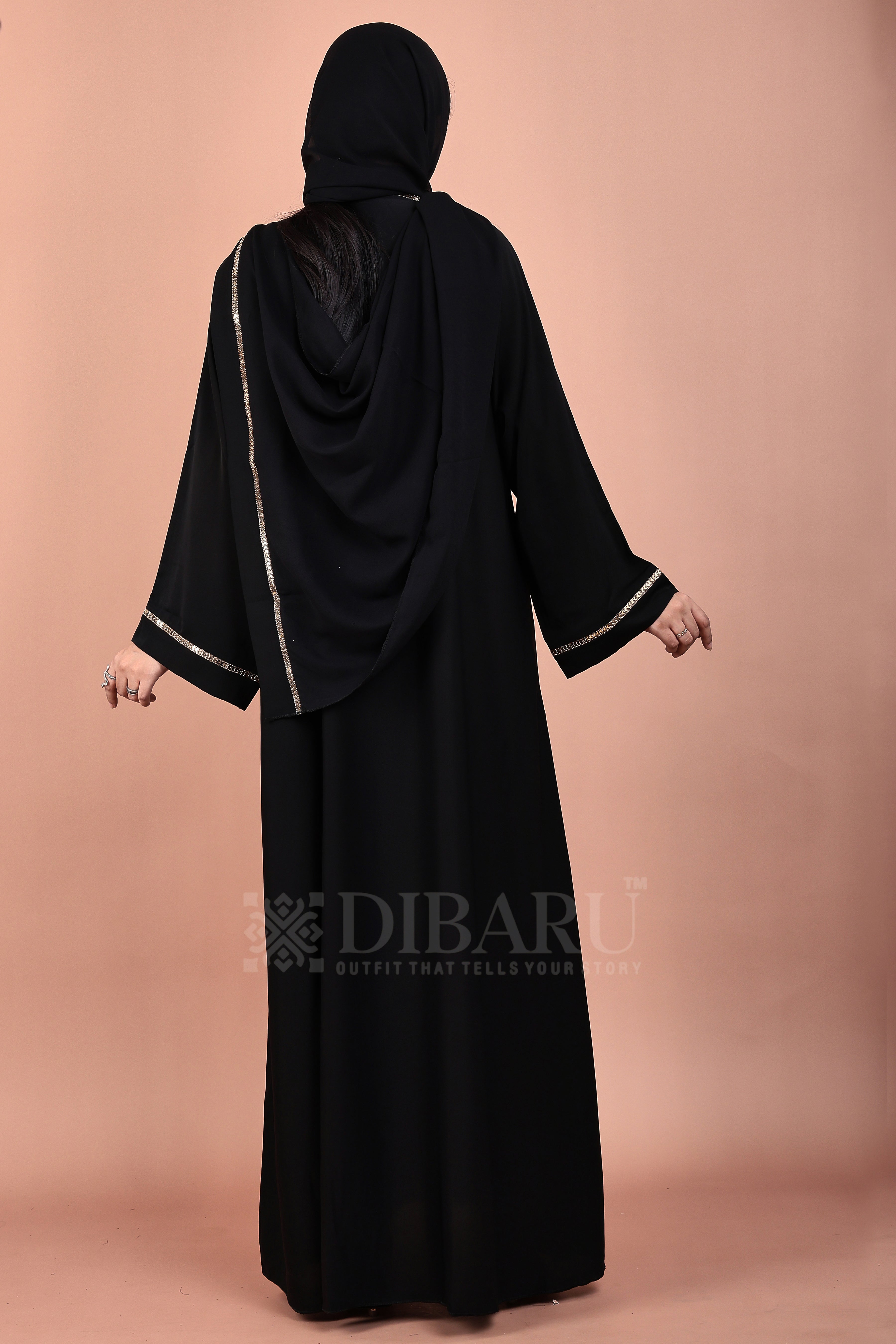 V Neck Arrow Patti Gold Design With Plazo Sleeves Made Up Of Imported Nida Fabric Full Lenght Designer Abaya For Womens And Girls