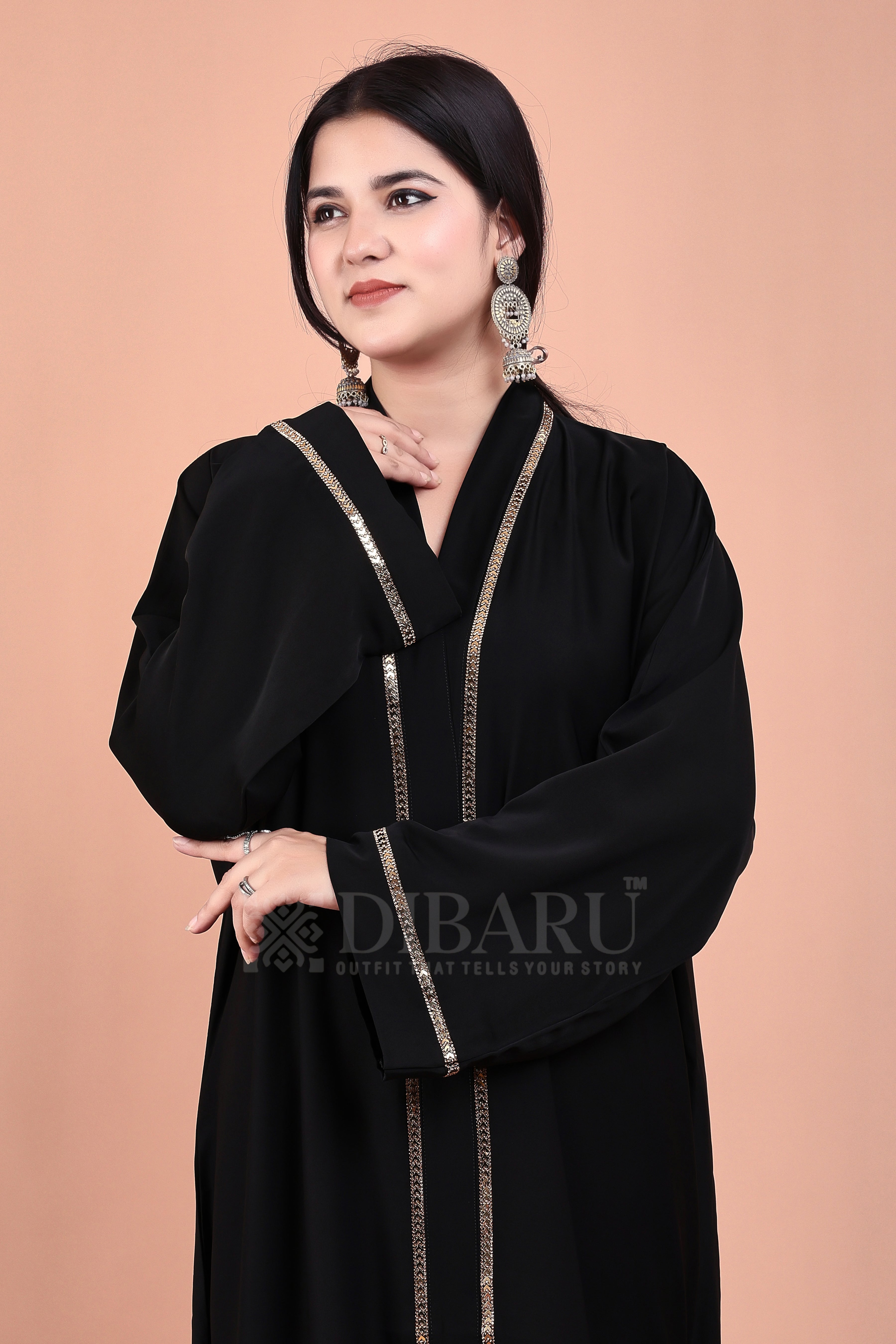 V Neck Arrow Patti Gold Design With Plazo Sleeves Made Up Of Imported Nida Fabric Full Lenght Designer Abaya For Womens And Girls