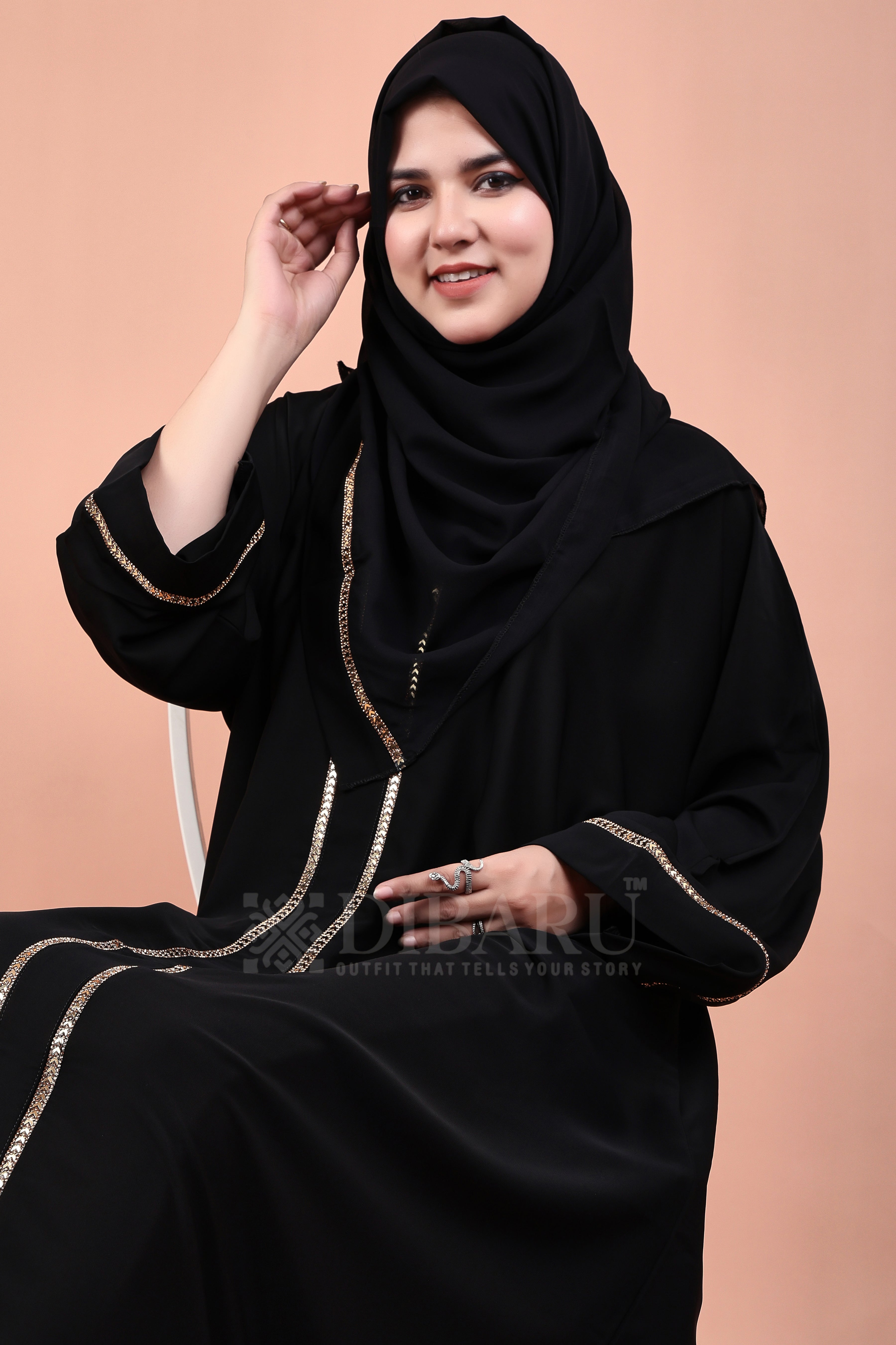 V Neck Arrow Patti Gold Design With Plazo Sleeves Made Up Of Imported Nida Fabric Full Lenght Designer Abaya For Womens And Girls