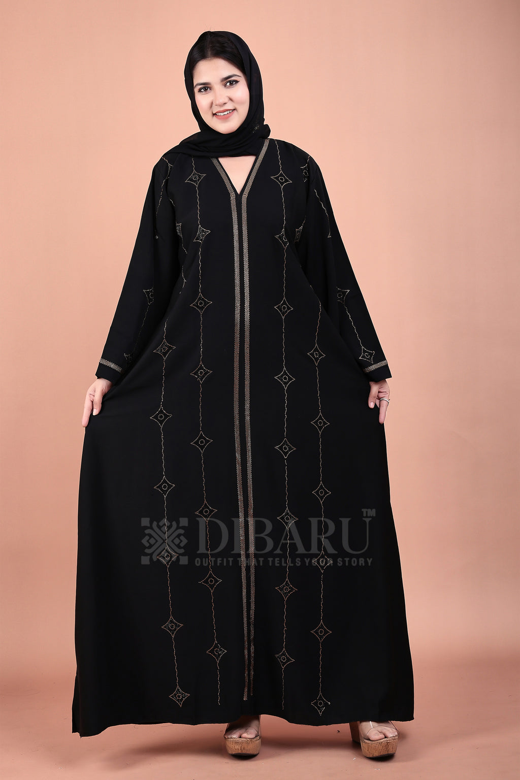 V Neck Double Die Diamond Gold And Black Stone With Plazo Sleeves Made Up Of Imported Nida Fabric Full Lenght Designer Abaya For Womens And Girls