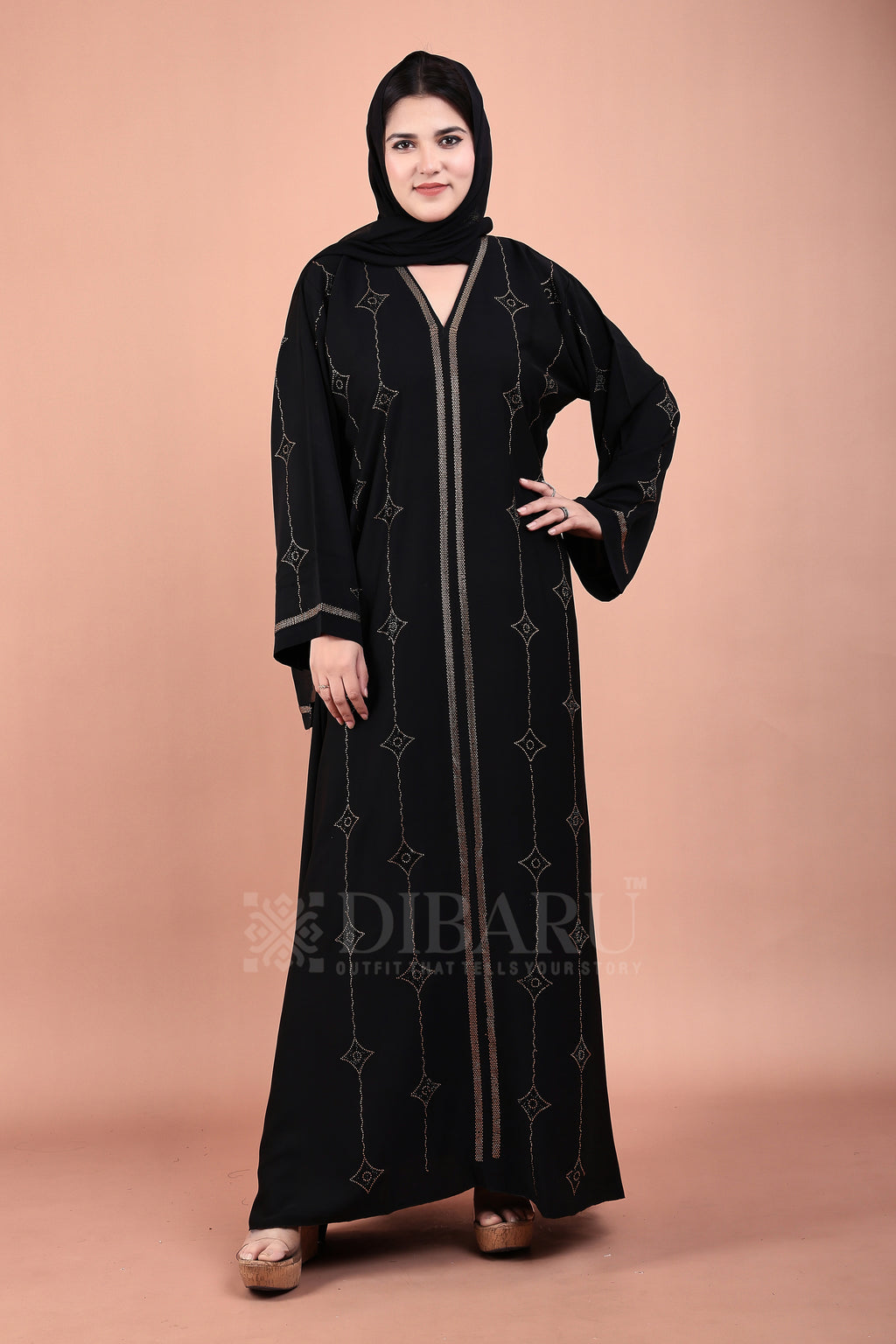 V Neck Double Die Diamond Gold And Black Stone With Plazo Sleeves Made Up Of Imported Nida Fabric Full Lenght Designer Abaya For Womens And Girls