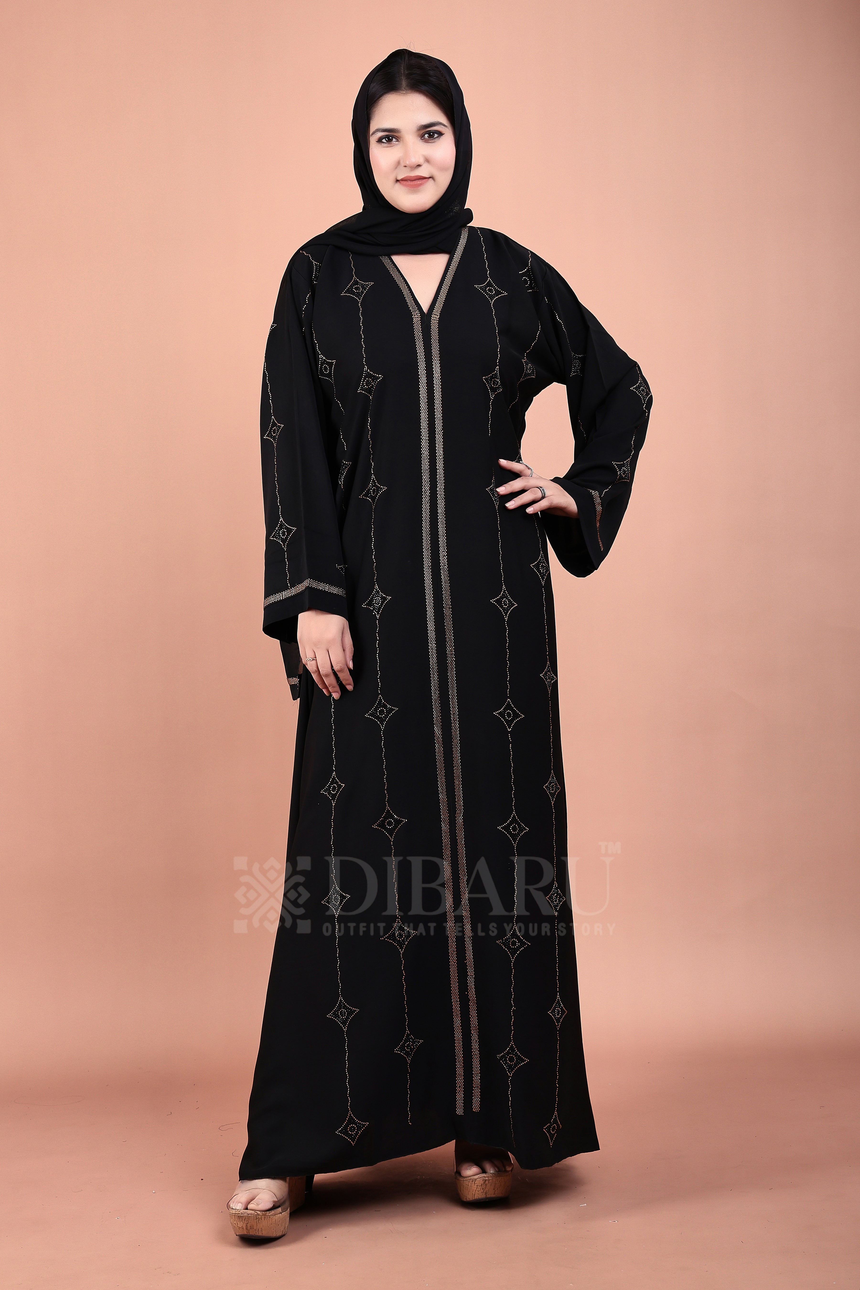 V Neck Double Die Diamond Gold And Black Stone With Plazo Sleeves Made Up Of Imported Nida Fabric Full Lenght Designer Abaya For Womens And Girls