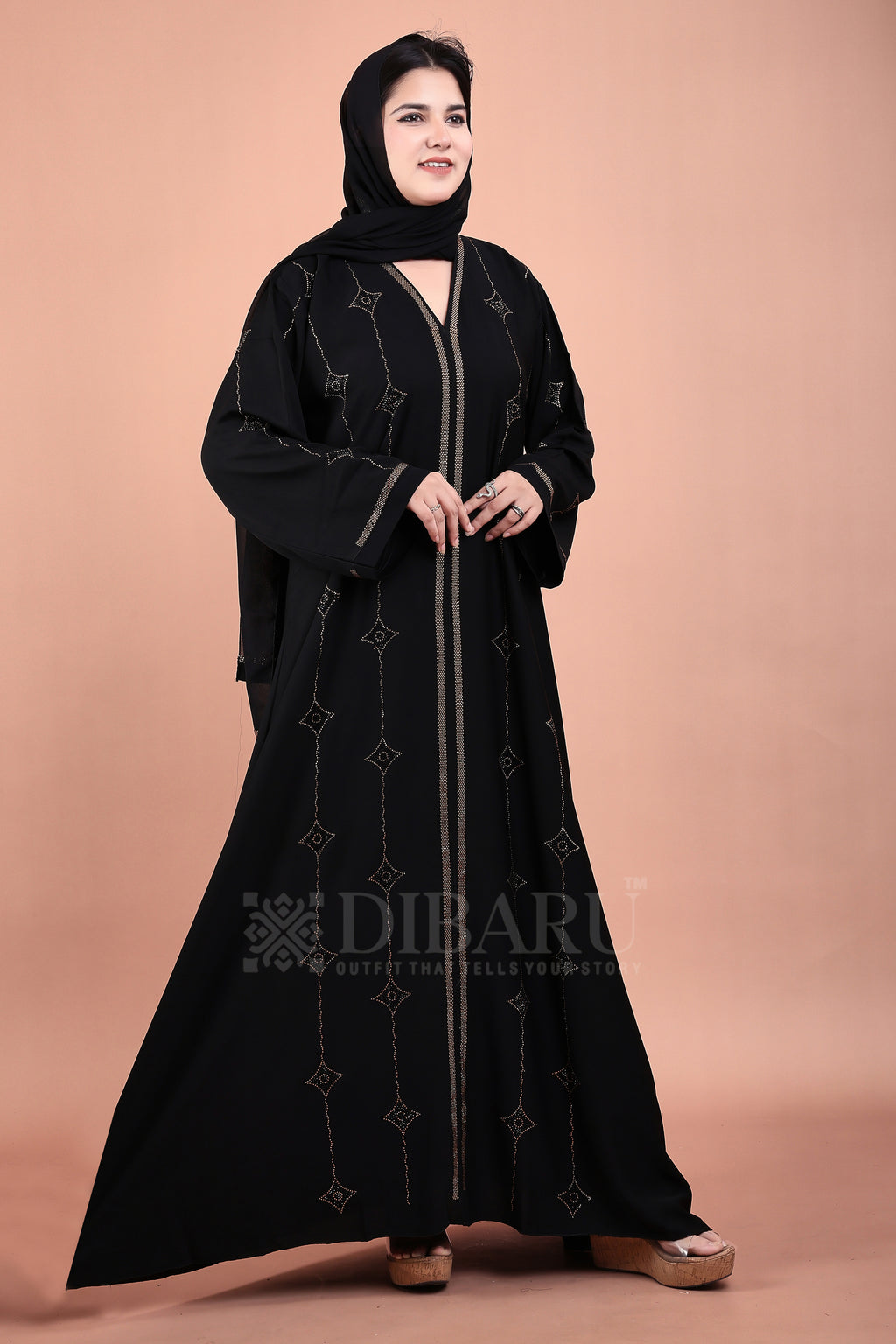 V Neck Double Die Diamond Gold And Black Stone With Plazo Sleeves Made Up Of Imported Nida Fabric Full Lenght Designer Abaya For Womens And Girls