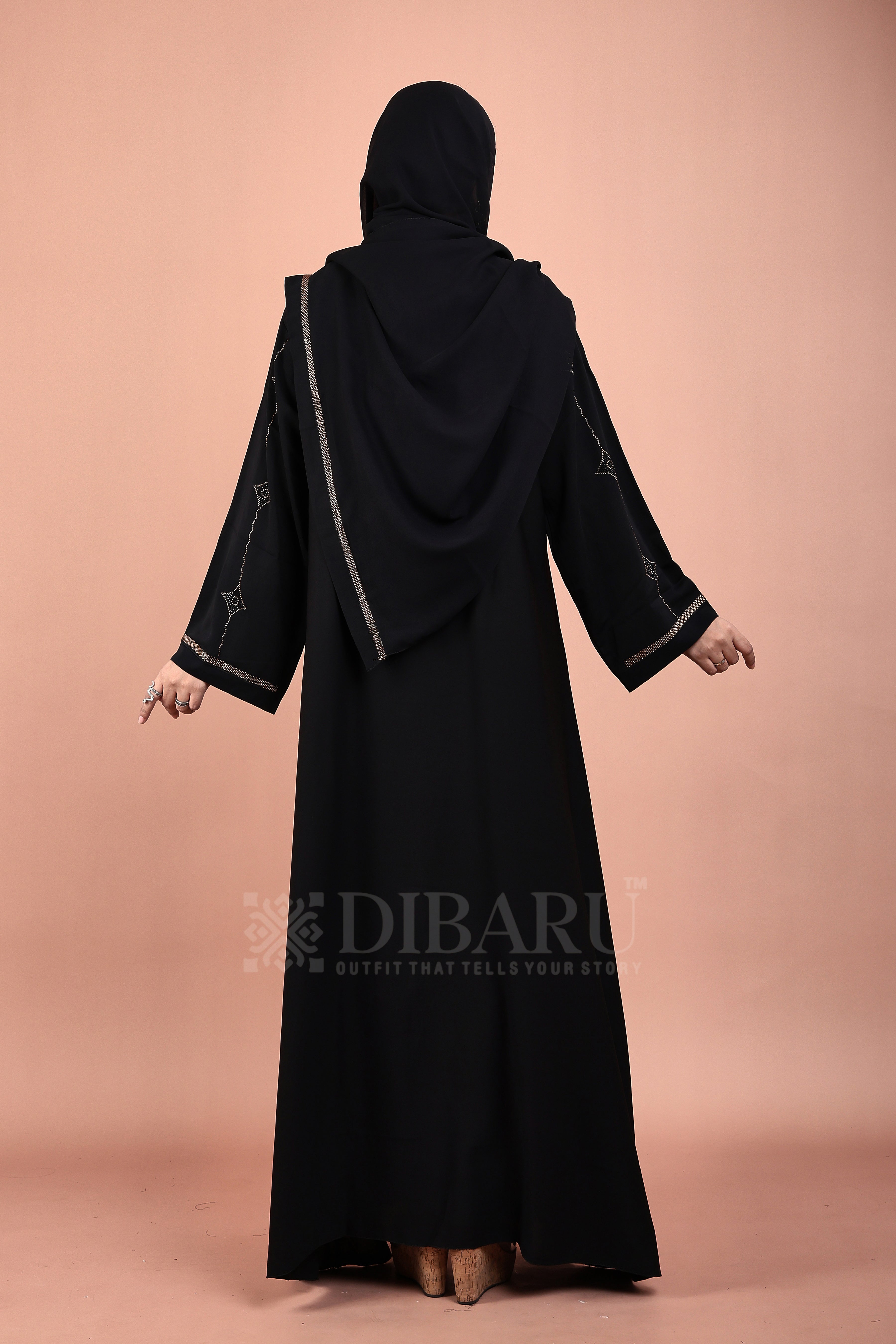 V Neck Double Die Diamond Gold And Black Stone With Plazo Sleeves Made Up Of Imported Nida Fabric Full Lenght Designer Abaya For Womens And Girls
