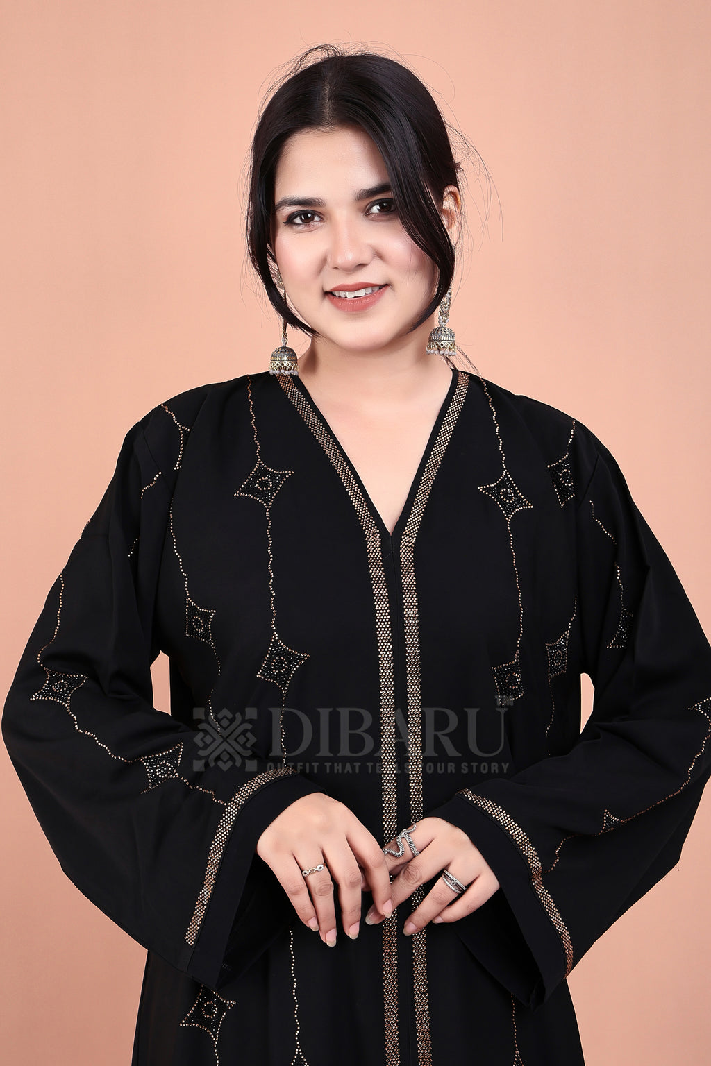 V Neck Double Die Diamond Gold And Black Stone With Plazo Sleeves Made Up Of Imported Nida Fabric Full Lenght Designer Abaya For Womens And Girls