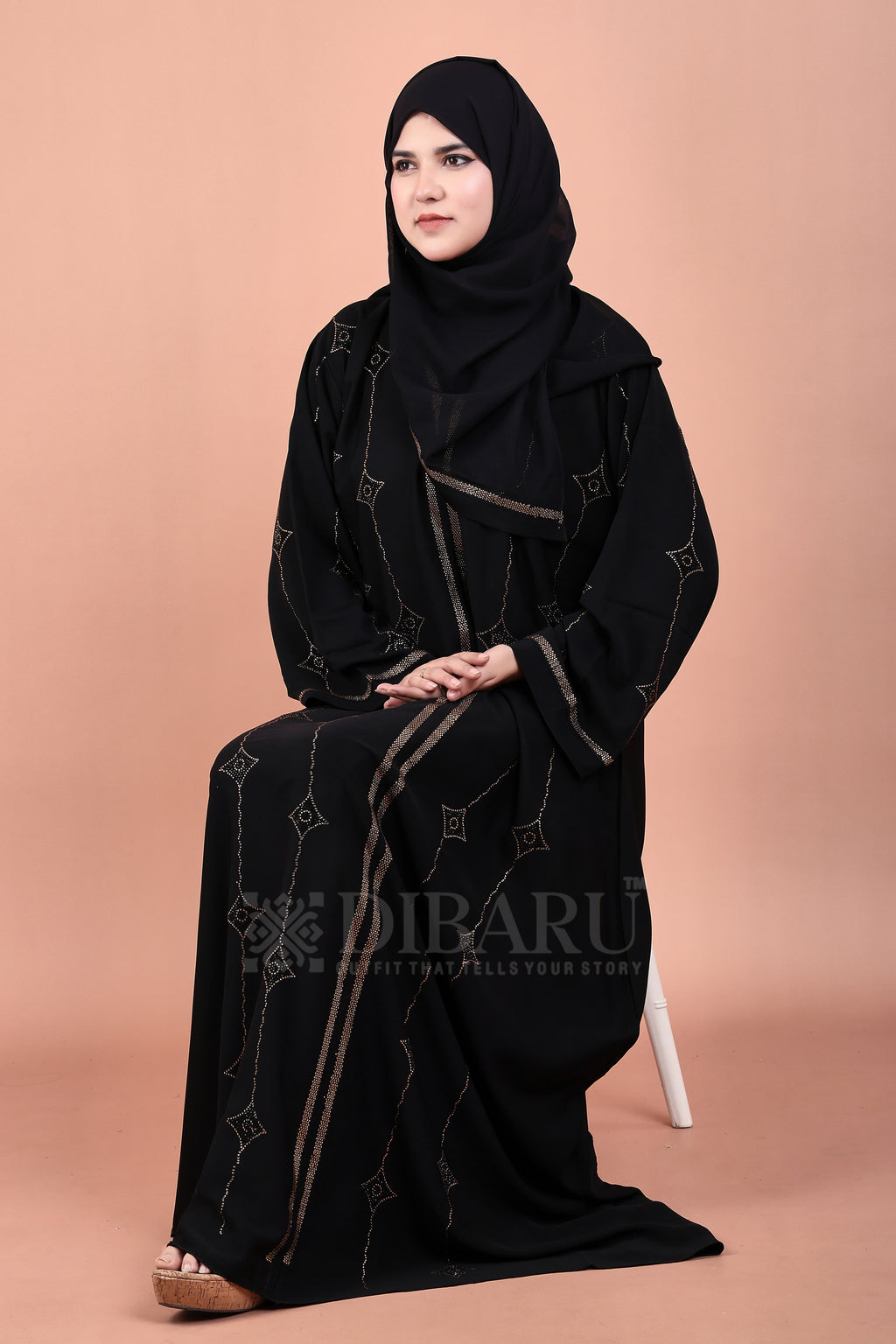 V Neck Double Die Diamond Gold And Black Stone With Plazo Sleeves Made Up Of Imported Nida Fabric Full Lenght Designer Abaya For Womens And Girls
