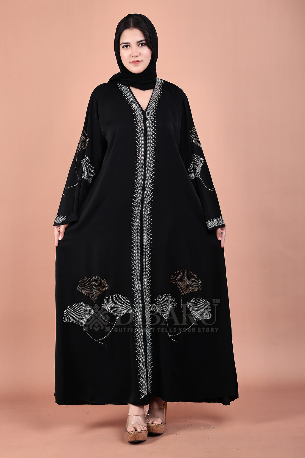 V Neck 3 Leaf Pattern Front Botton With Plazo Sleeves Made Up Of Imported Nida Fabric Full Lenght Designer Abaya For Womens And Girls