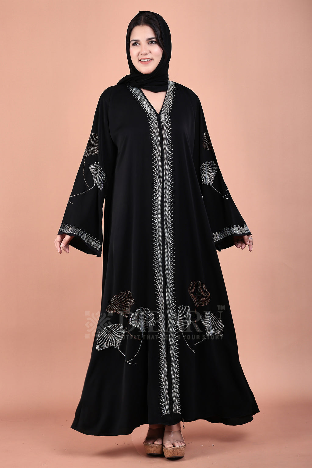 V Neck 3 Leaf Pattern Front Botton With Plazo Sleeves Made Up Of Imported Nida Fabric Full Lenght Designer Abaya For Womens And Girls