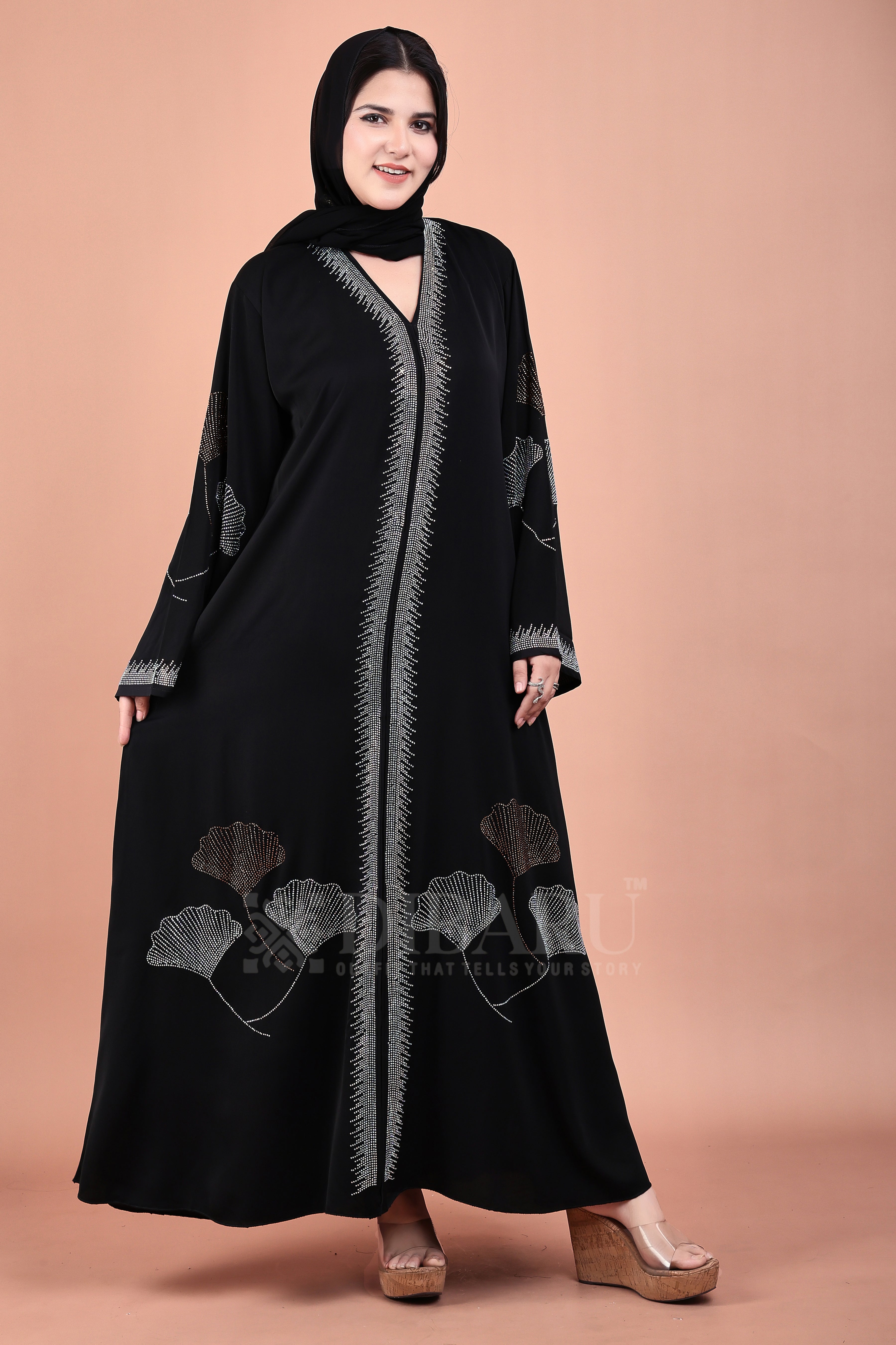 V Neck 3 Leaf Pattern Front Botton With Plazo Sleeves Made Up Of Imported Nida Fabric Full Lenght Designer Abaya For Womens And Girls