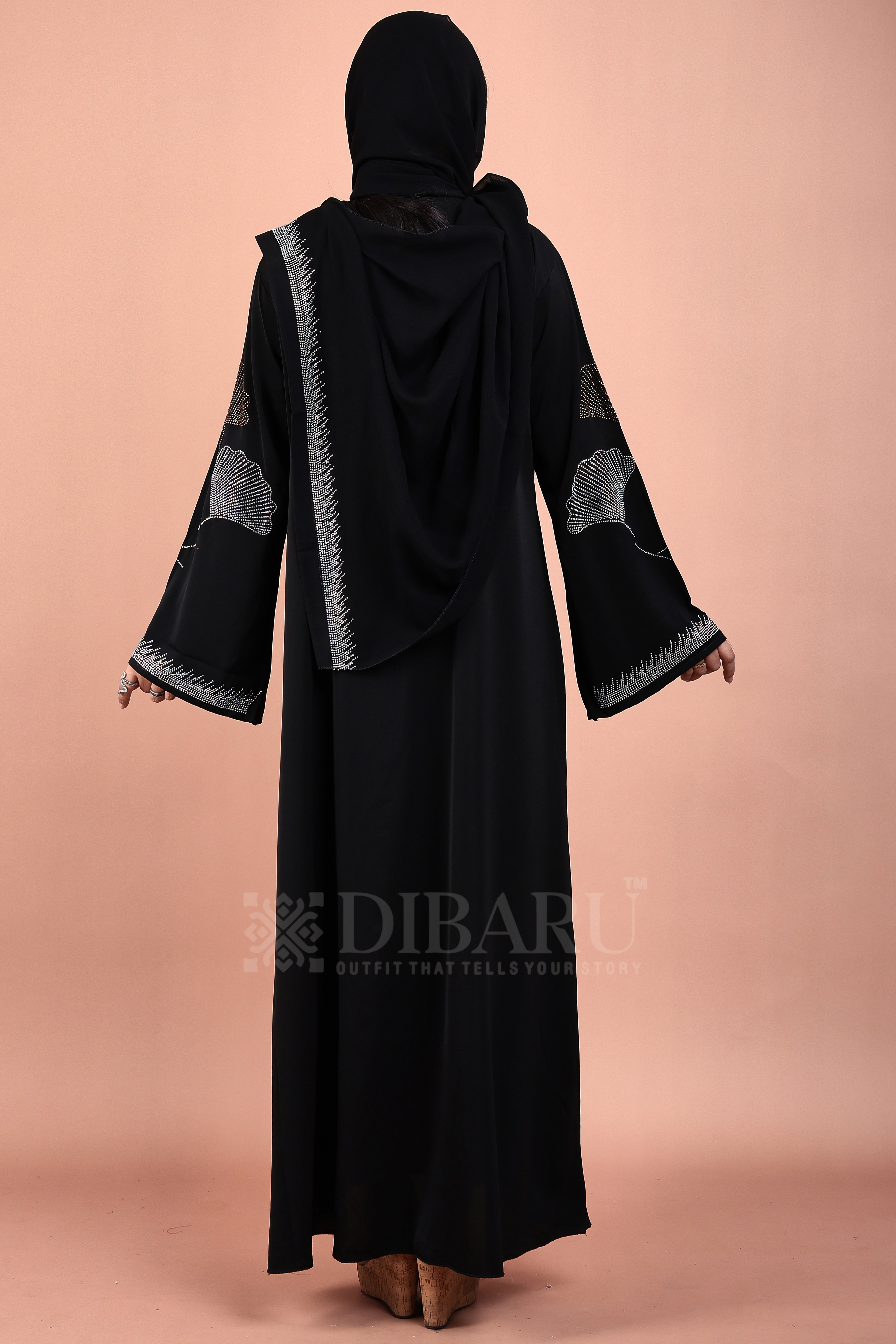 V Neck 3 Leaf Pattern Front Botton With Plazo Sleeves Made Up Of Imported Nida Fabric Full Lenght Designer Abaya For Womens And Girls