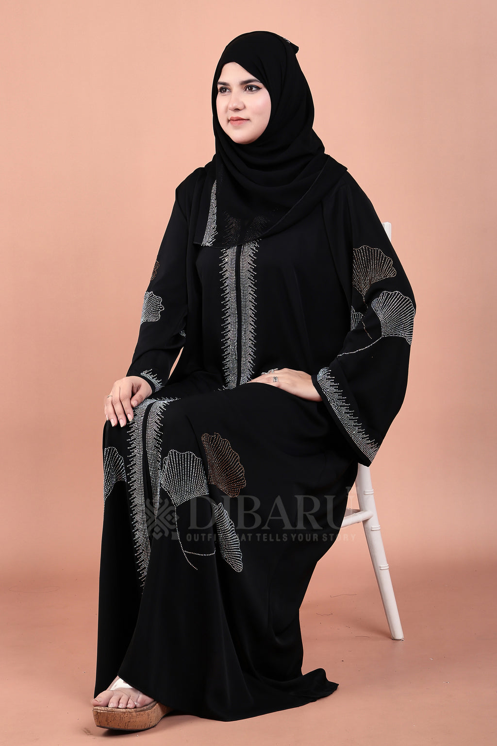 V Neck 3 Leaf Pattern Front Botton With Plazo Sleeves Made Up Of Imported Nida Fabric Full Lenght Designer Abaya For Womens And Girls