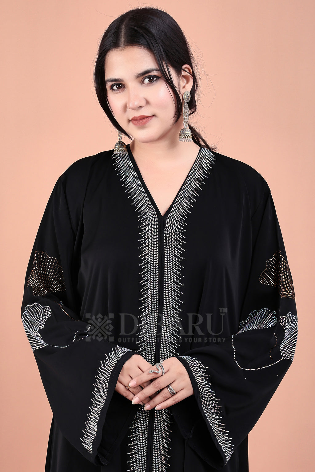 V Neck 3 Leaf Pattern Front Botton With Plazo Sleeves Made Up Of Imported Nida Fabric Full Lenght Designer Abaya For Womens And Girls
