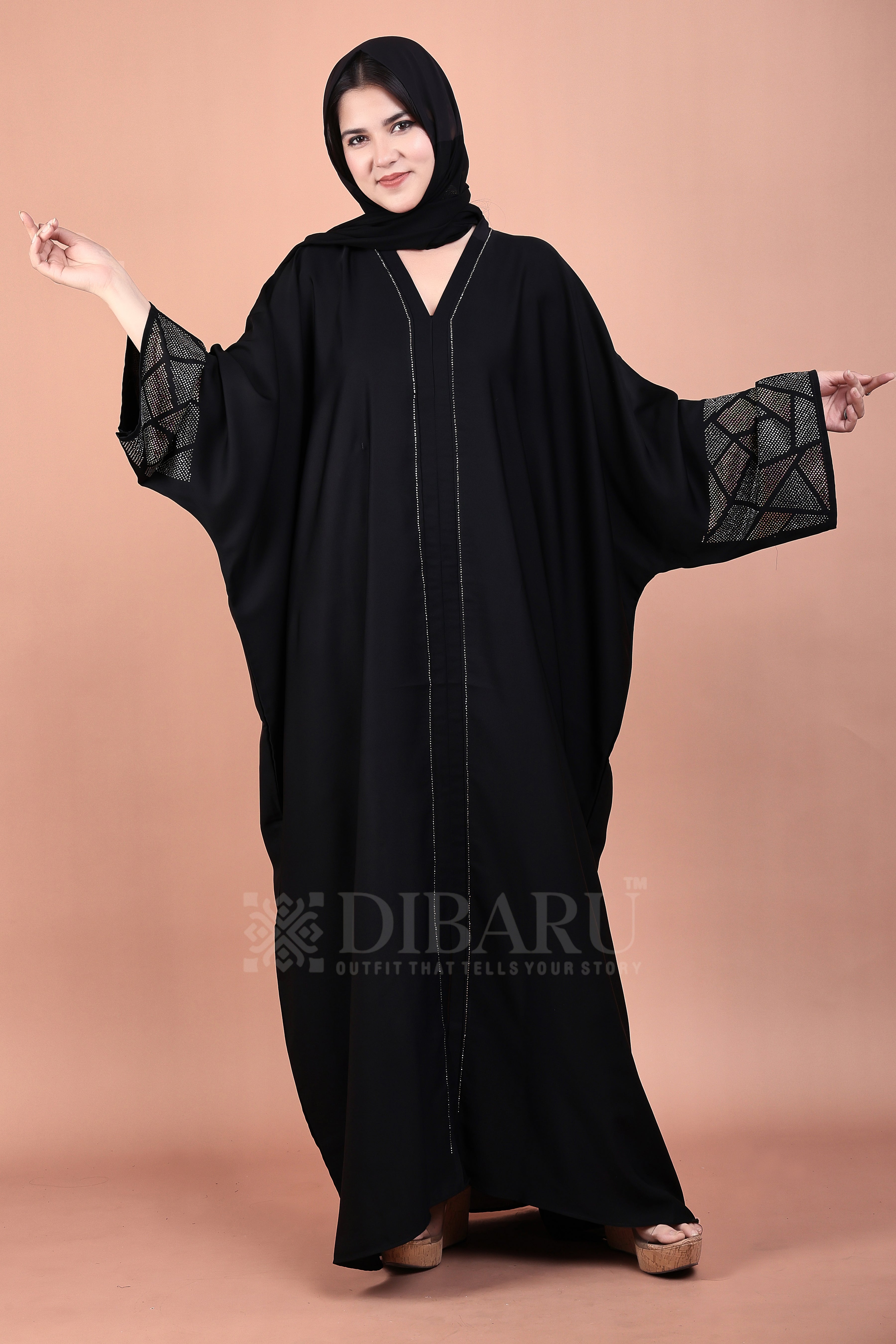 V Neck Multicolor Trinagular Stone Design With Plazo Sleeves Made Up Of Imported Nida Fabric Full Lenght Designer Kaftan For Womens And Girls