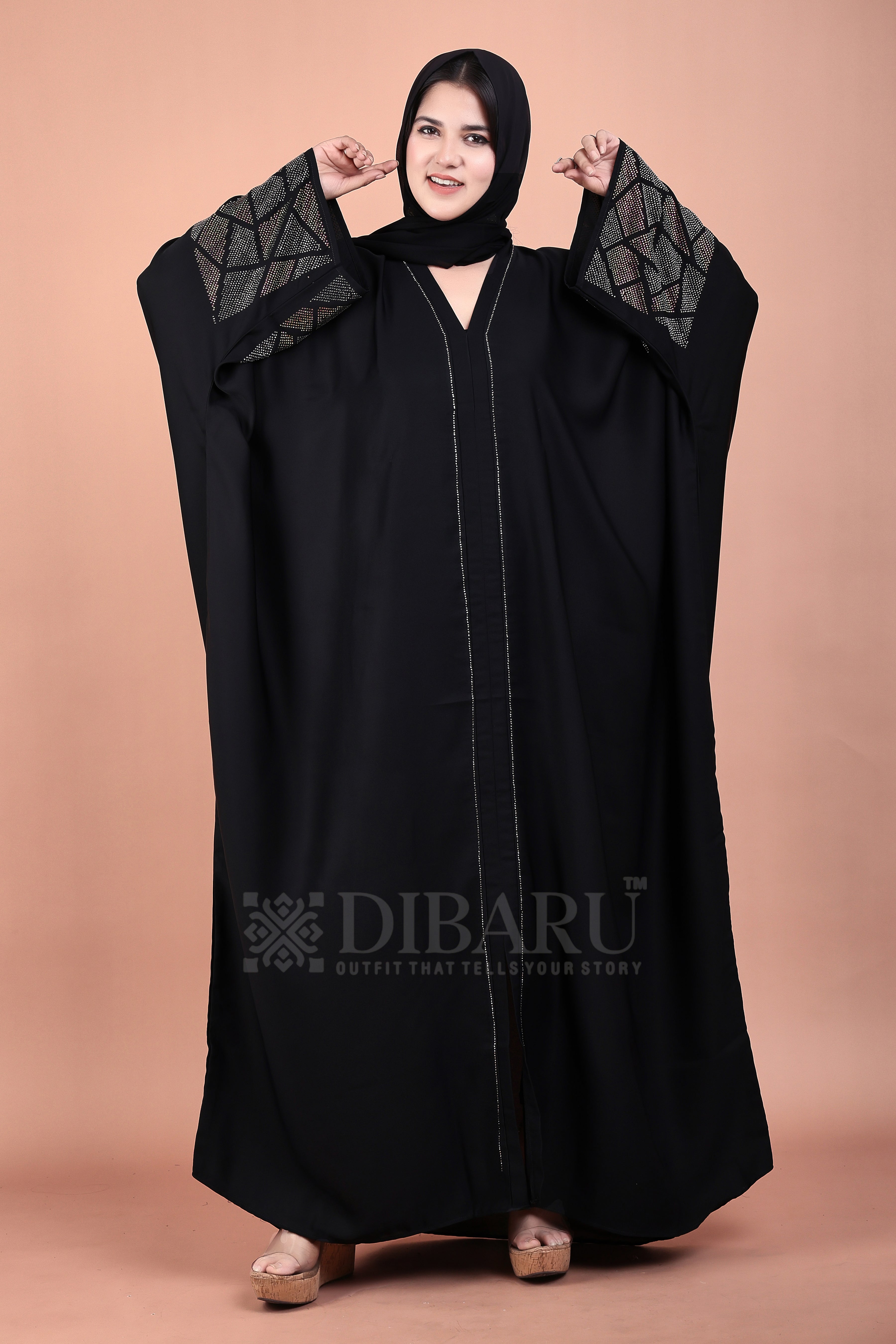 V Neck Multicolor Trinagular Stone Design With Plazo Sleeves Made Up Of Imported Nida Fabric Full Lenght Designer Kaftan For Womens And Girls