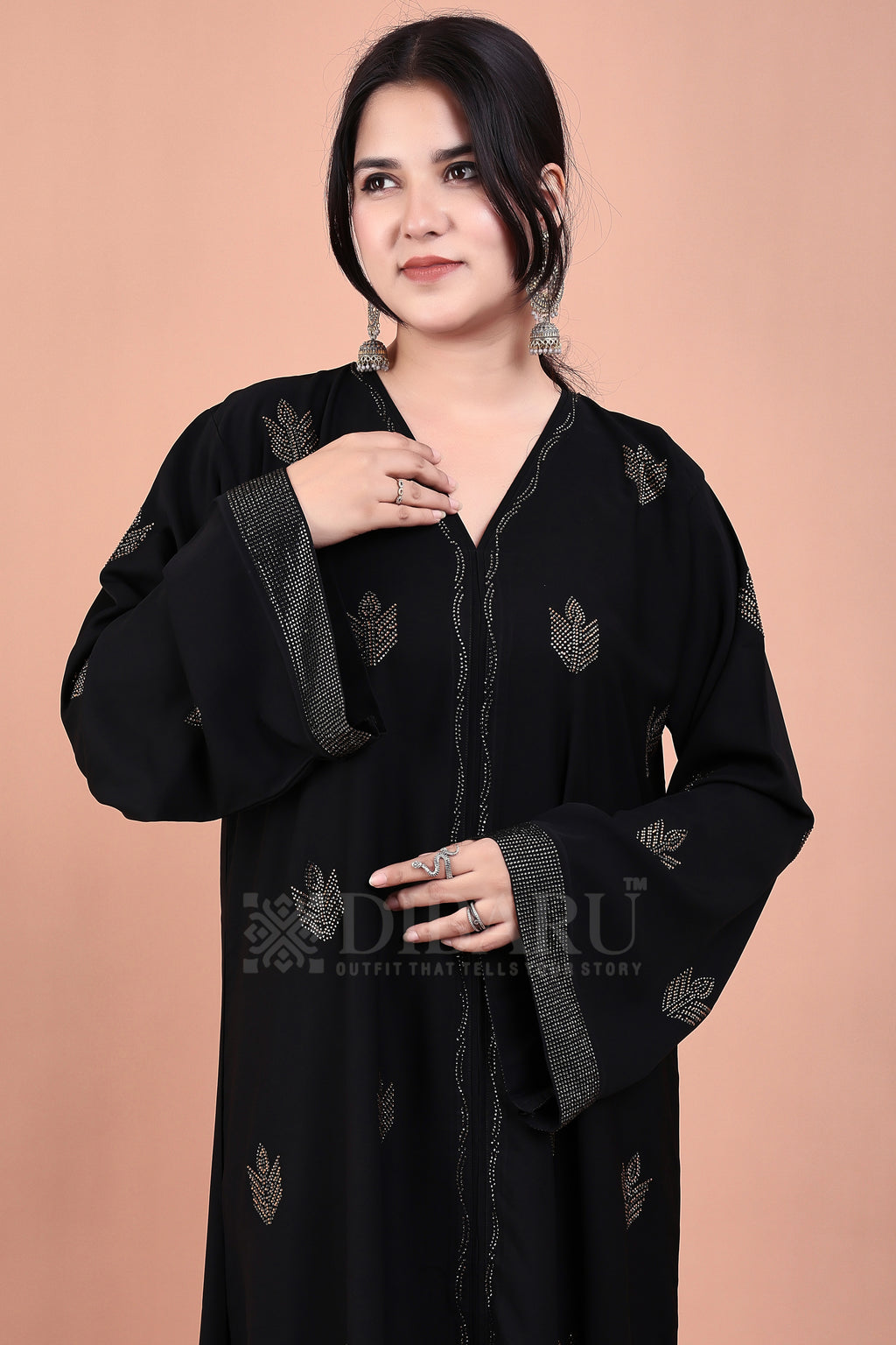 V Neck Diya Stone Design With Plazo Sleeves Made Up Of Imported Nida Fabric Full Lenght Designer Abaya For Womens And Girls