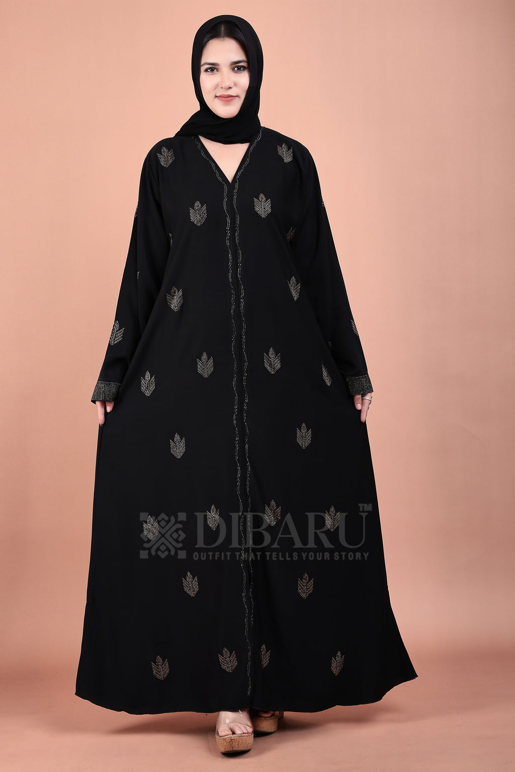 V Neck Diya Stone Design With Plazo Sleeves Made Up Of Imported Nida Fabric Full Lenght Designer Abaya For Womens And Girls
