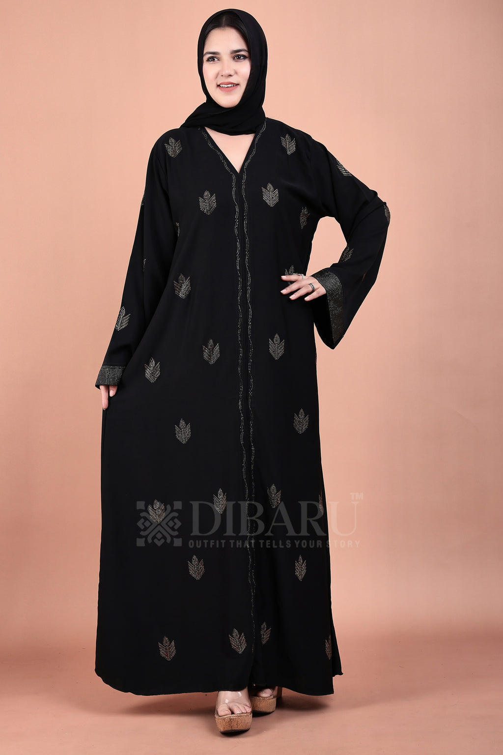 V Neck Diya Stone Design With Plazo Sleeves Made Up Of Imported Nida Fabric Full Lenght Designer Abaya For Womens And Girls