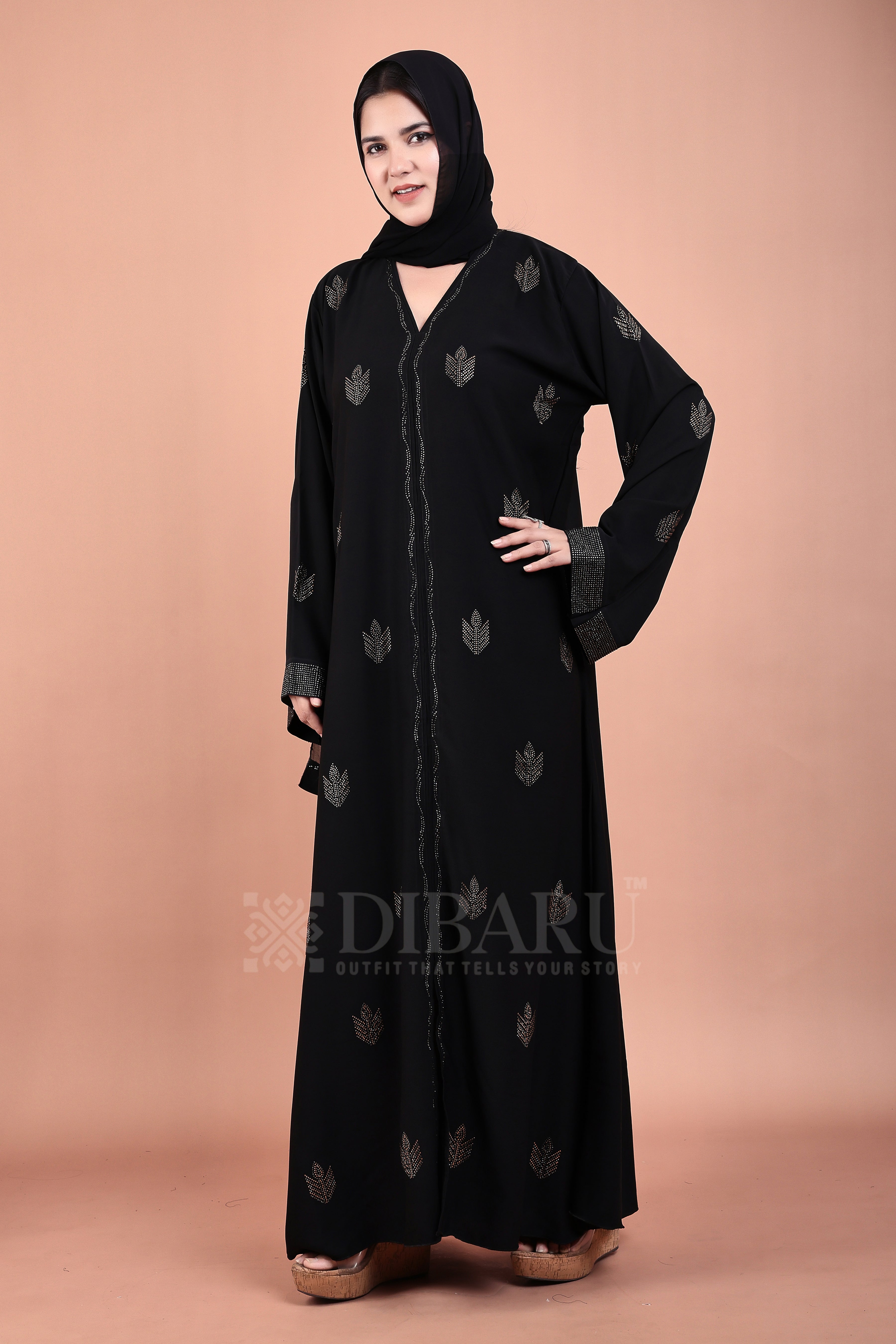 V Neck Diya Stone Design With Plazo Sleeves Made Up Of Imported Nida Fabric Full Lenght Designer Abaya For Womens And Girls