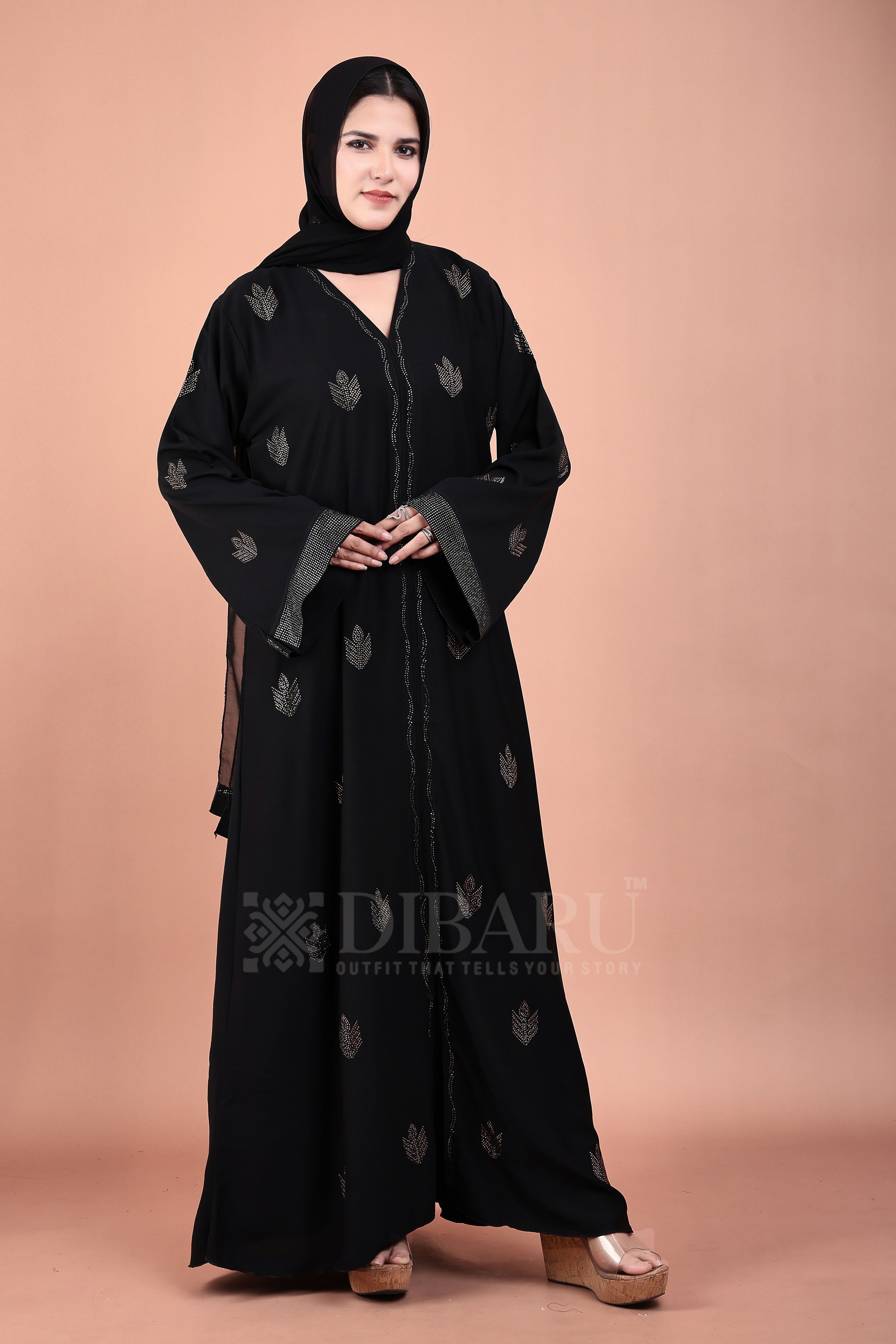 V Neck Diya Stone Design With Plazo Sleeves Made Up Of Imported Nida Fabric Full Lenght Designer Abaya For Womens And Girls