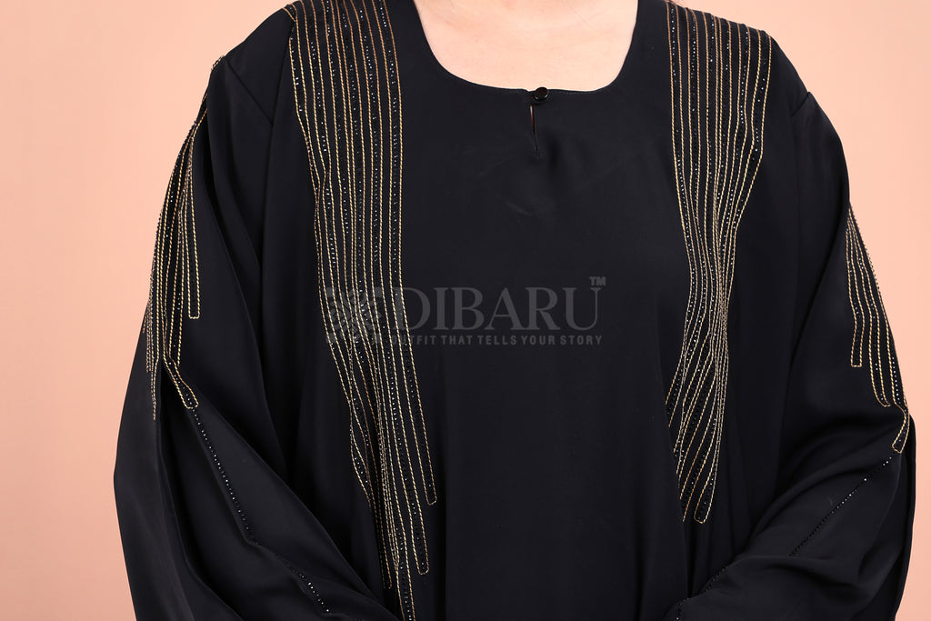 V Neck BK Thread Work Stone Design With Plazo Sleeves Made Up Of Imported Nida Fabric Full Lenght Designer Abaya For Womens And Girls